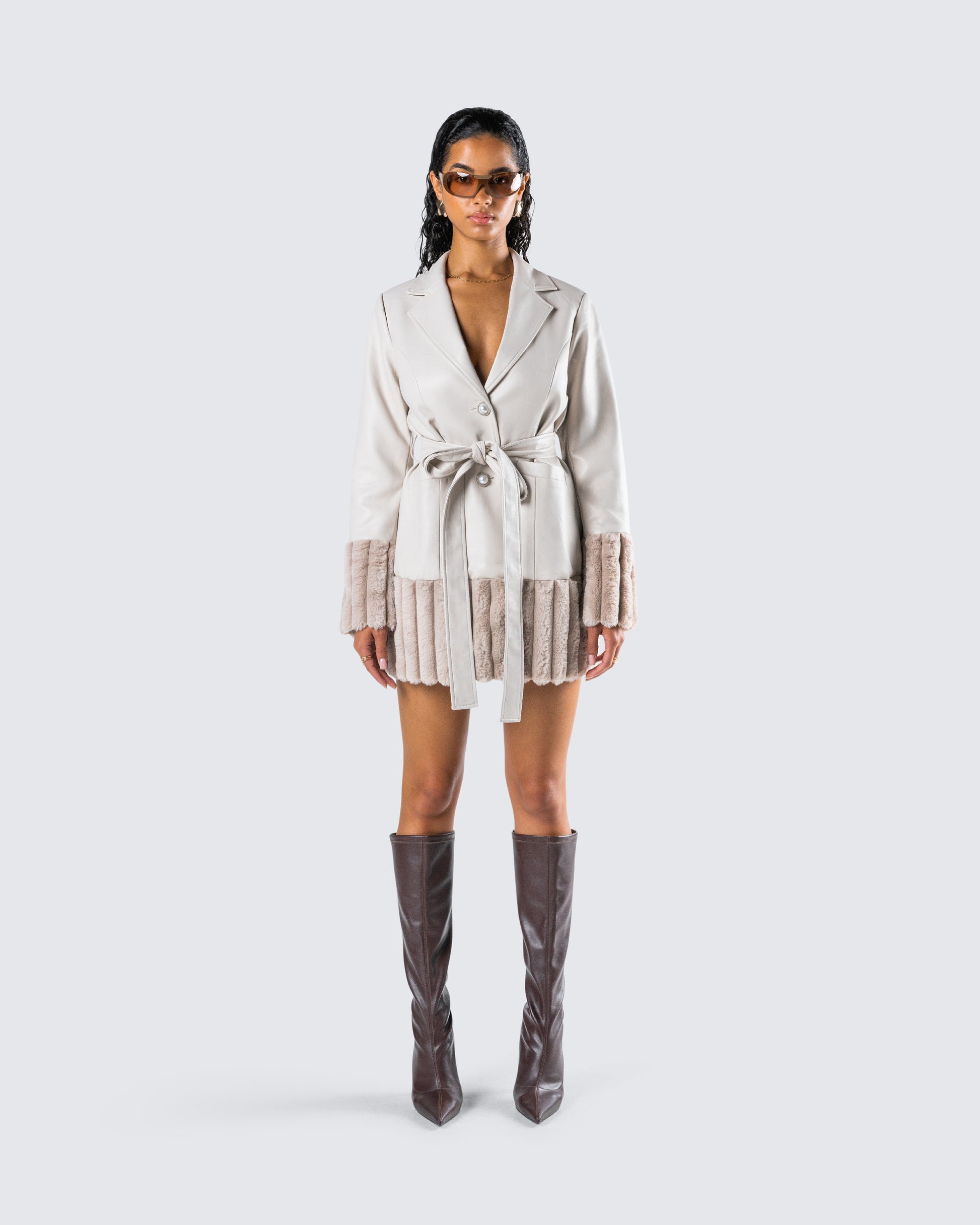 Amadee Ivory Vegan Leather Coat model front