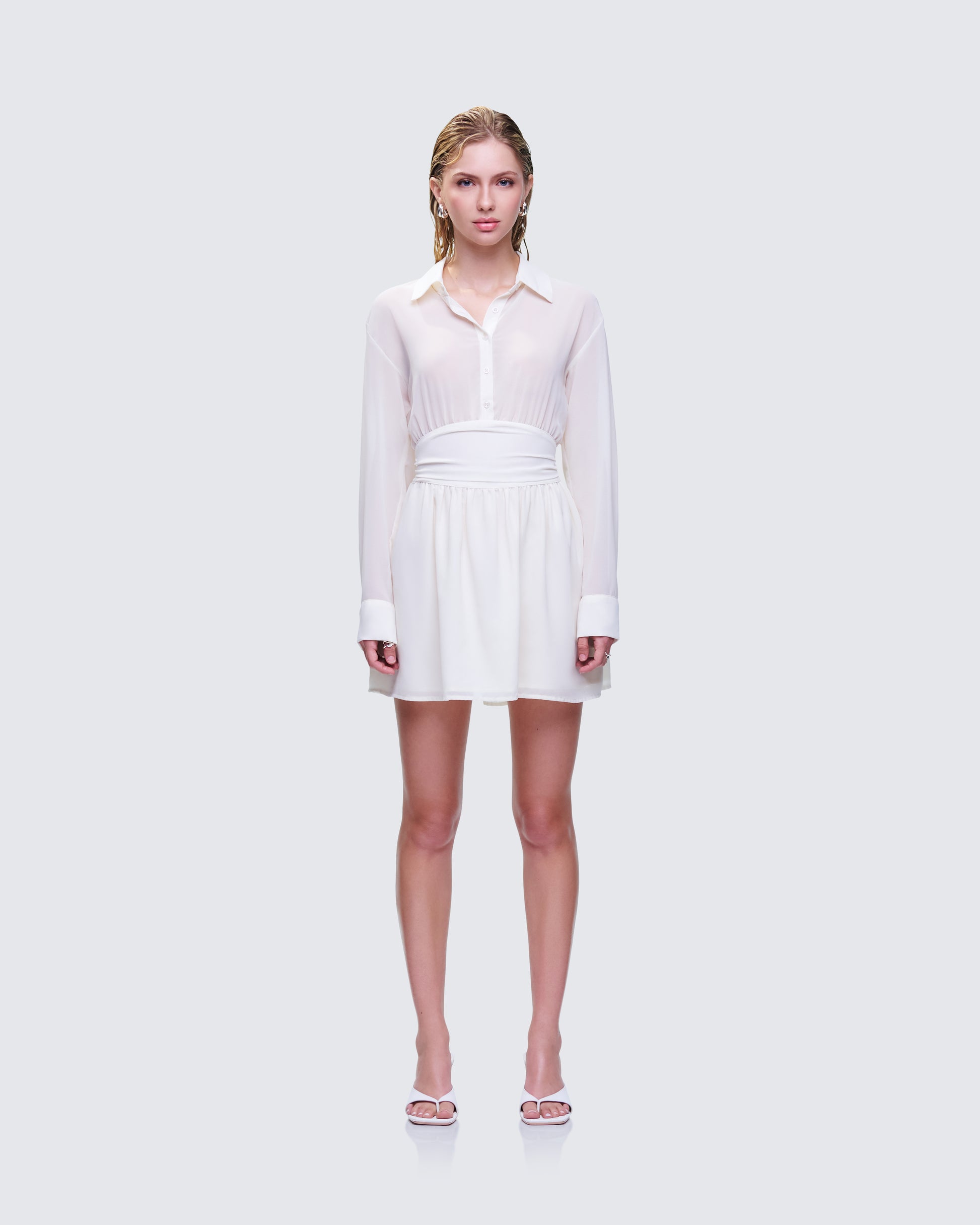 Amara Ivory Mini Shirt Dress model front