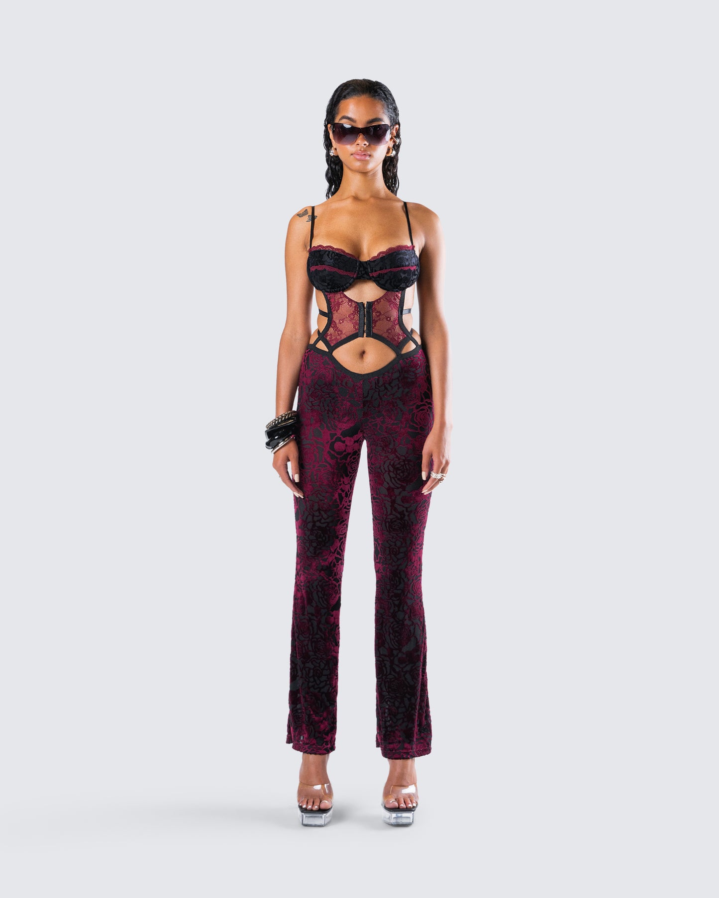 Ami Purple Velvet Burnout Jumpsuit model front