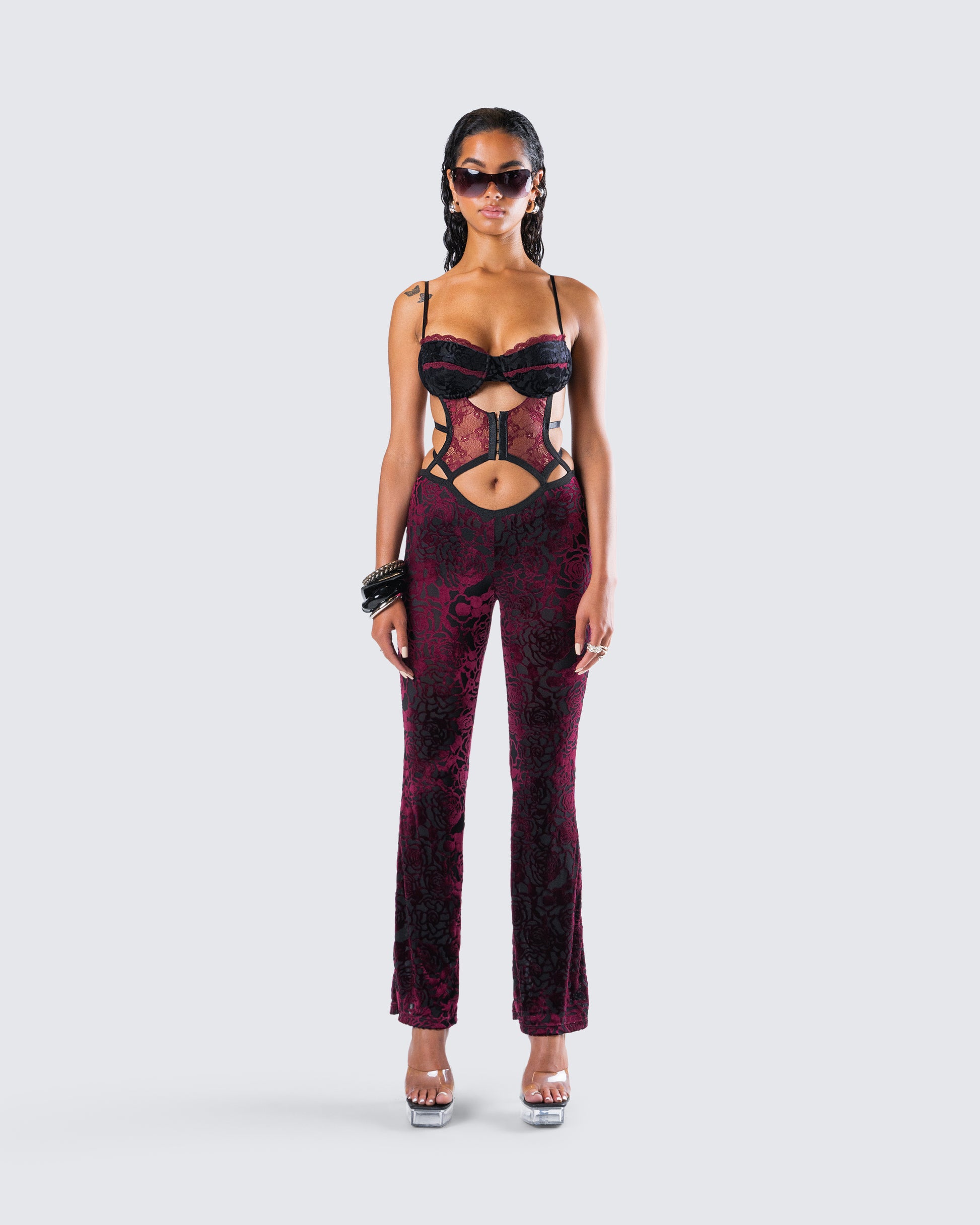 Ami Purple Velvet Burnout Jumpsuit model front