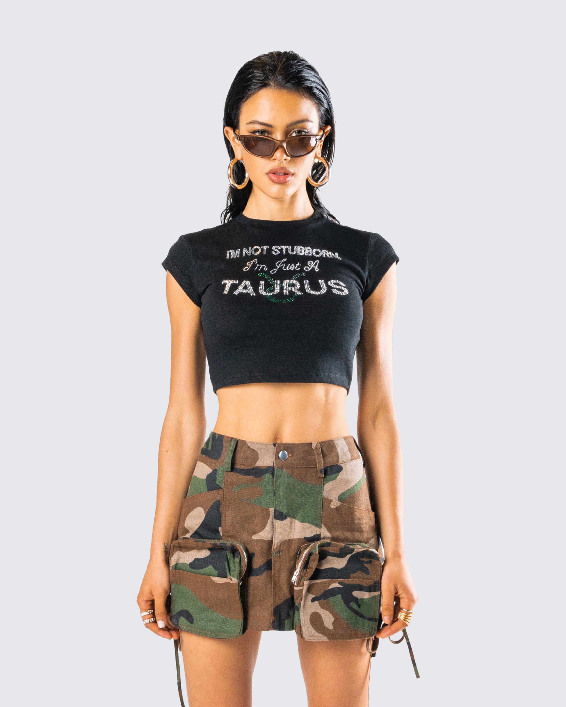 Amity Black Taurus Graphic Top model front