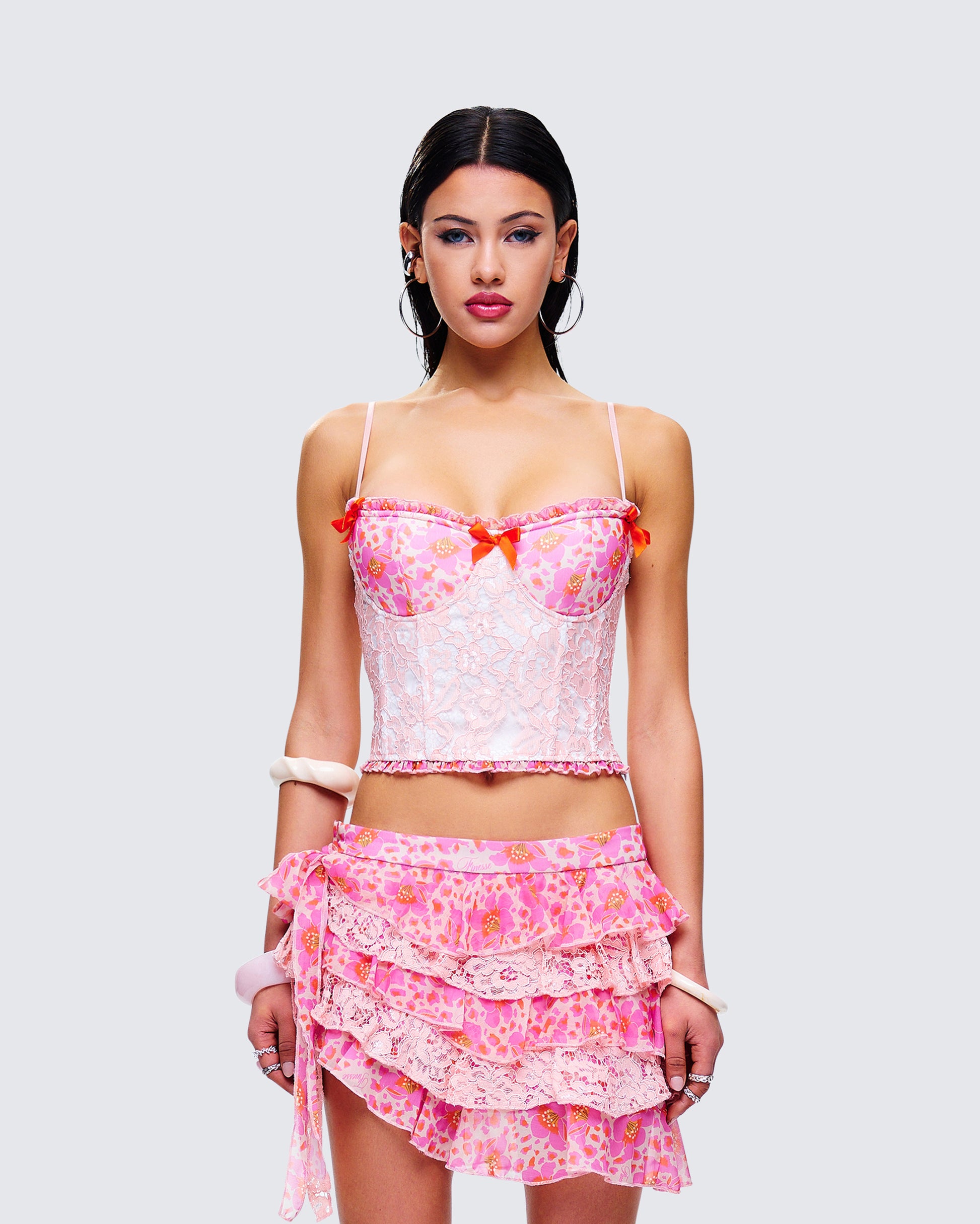 Ana Multi Floral Lace Bustier Top model front