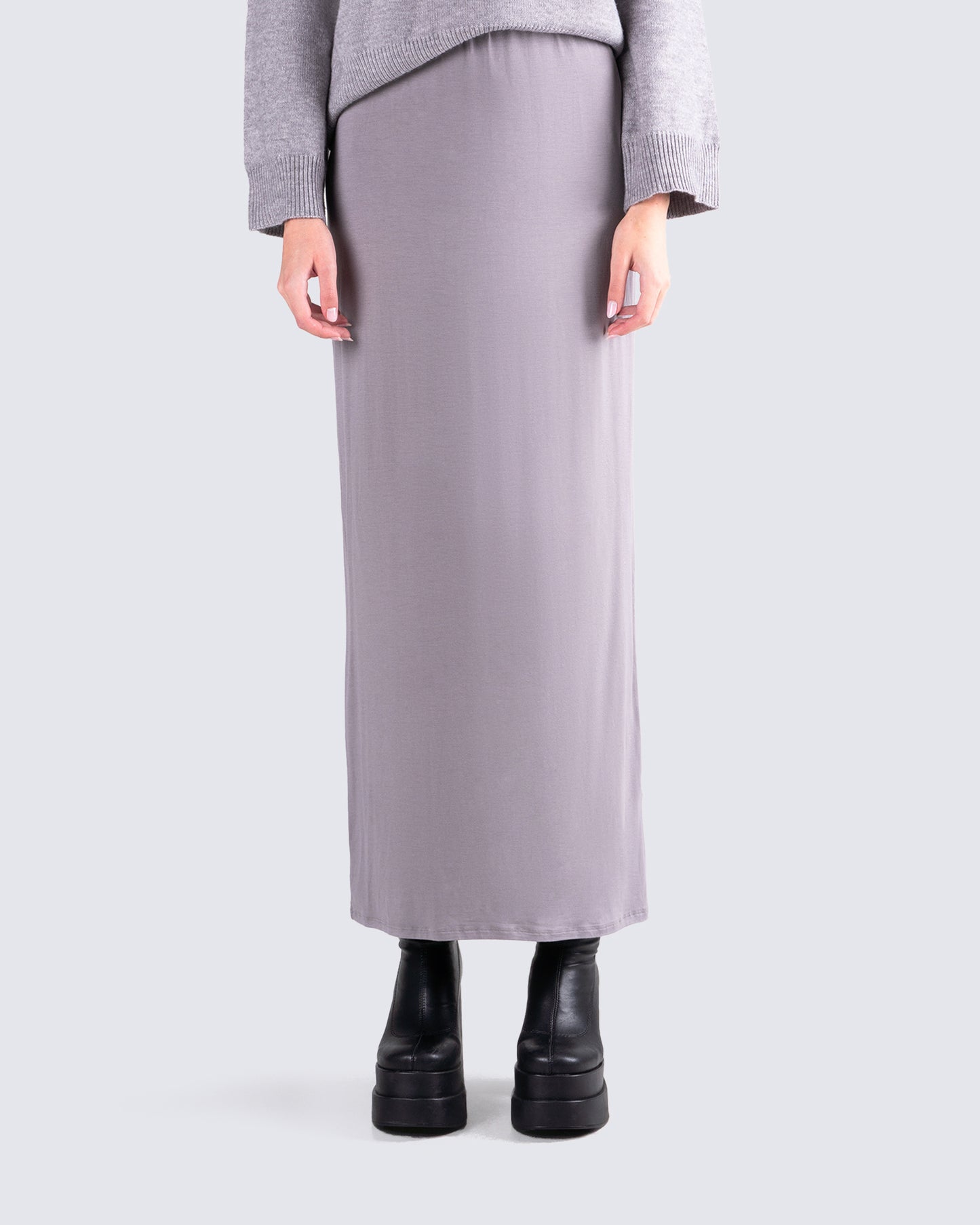 Angela Grey Jersey Maxi Skirt model front