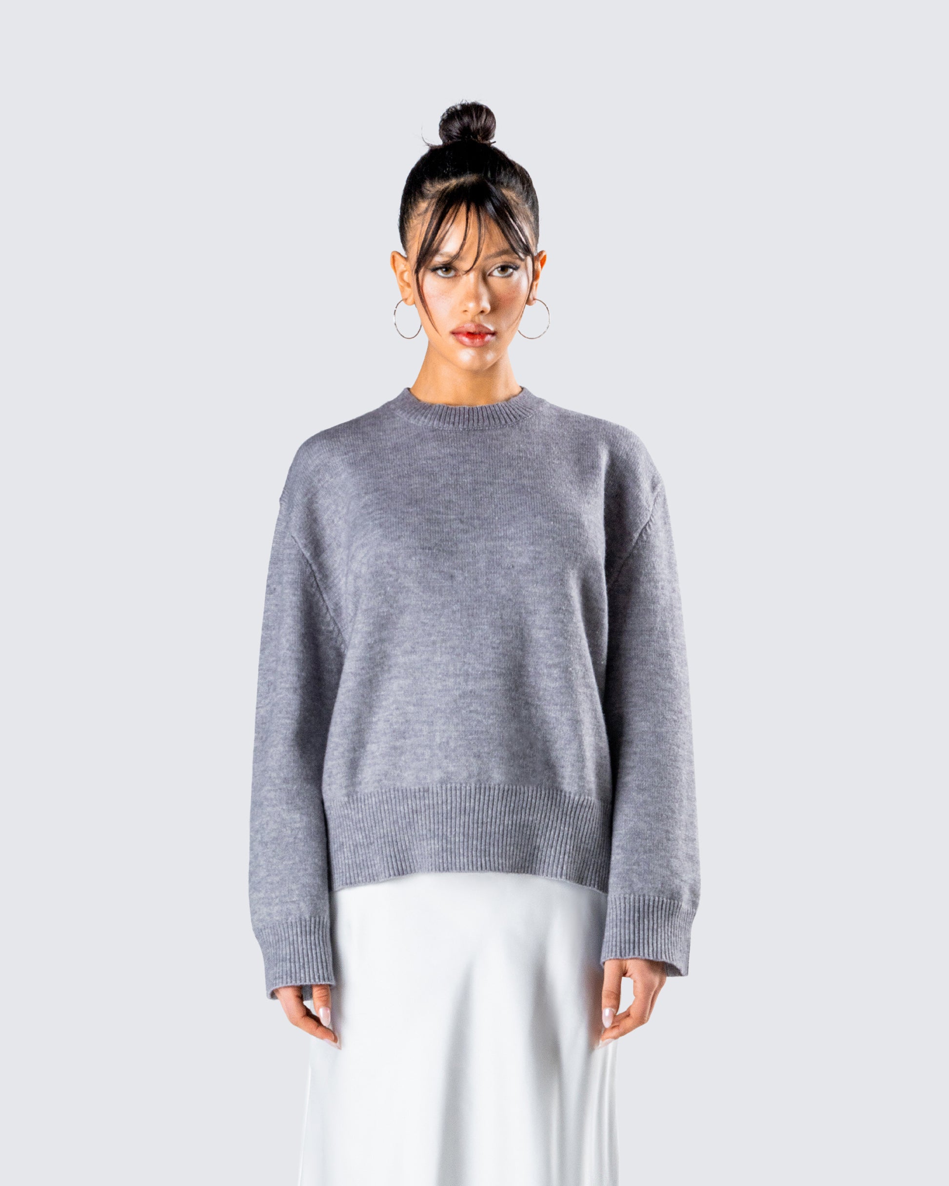 Angela Grey Sweater Knit Top model front