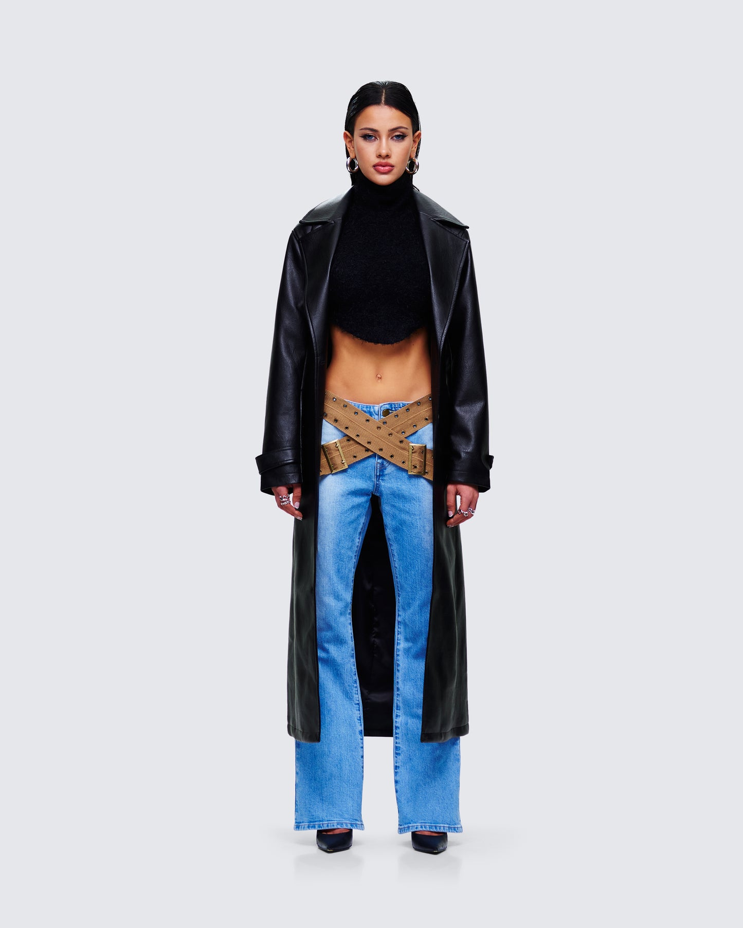 Ara Black Vegan Leather Coat model front