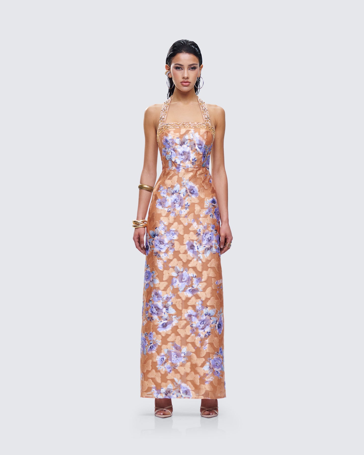 Ari Orange Floral Burnout Maxi Dress model front