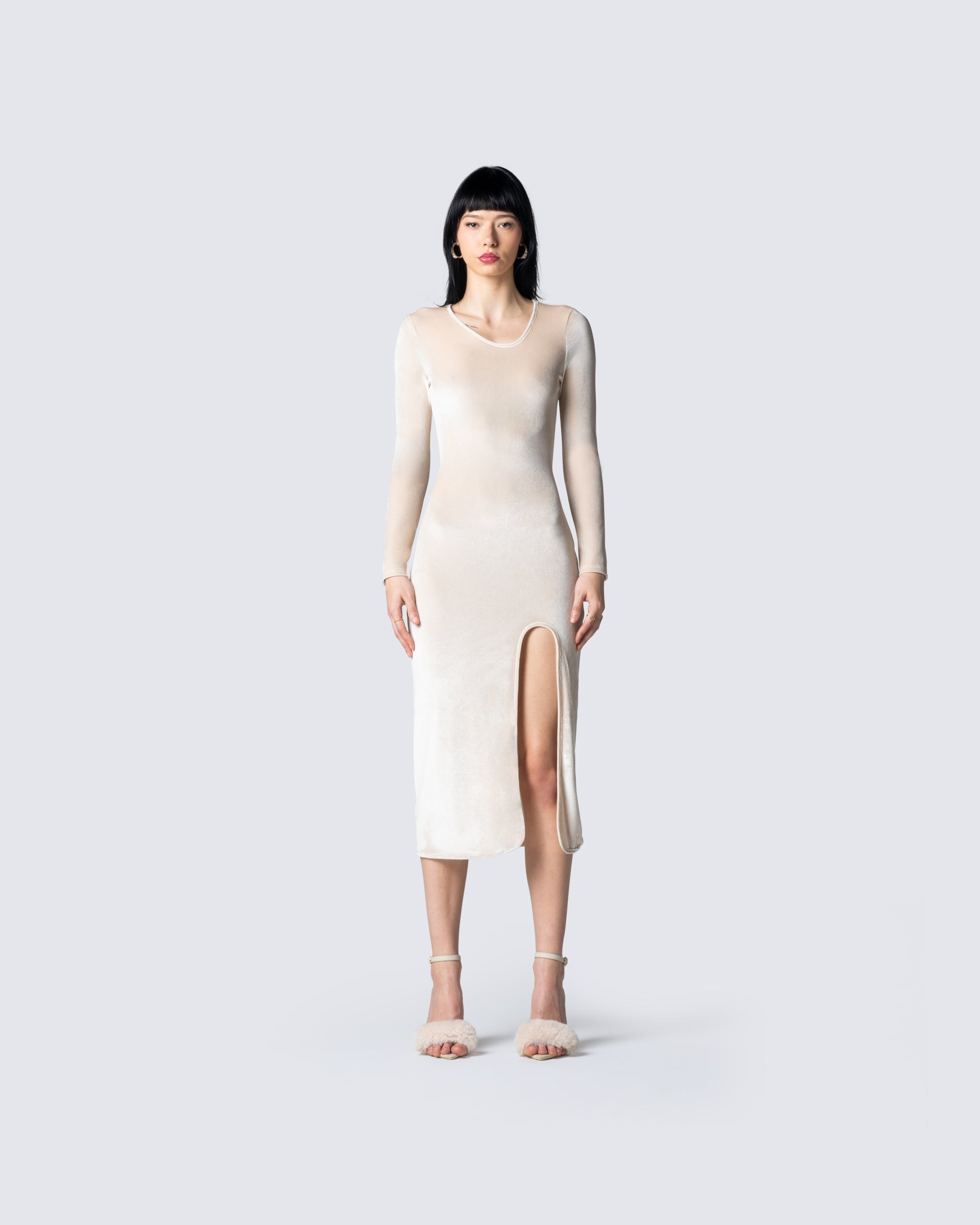Ari Ivory Velvet Midi Dress model front