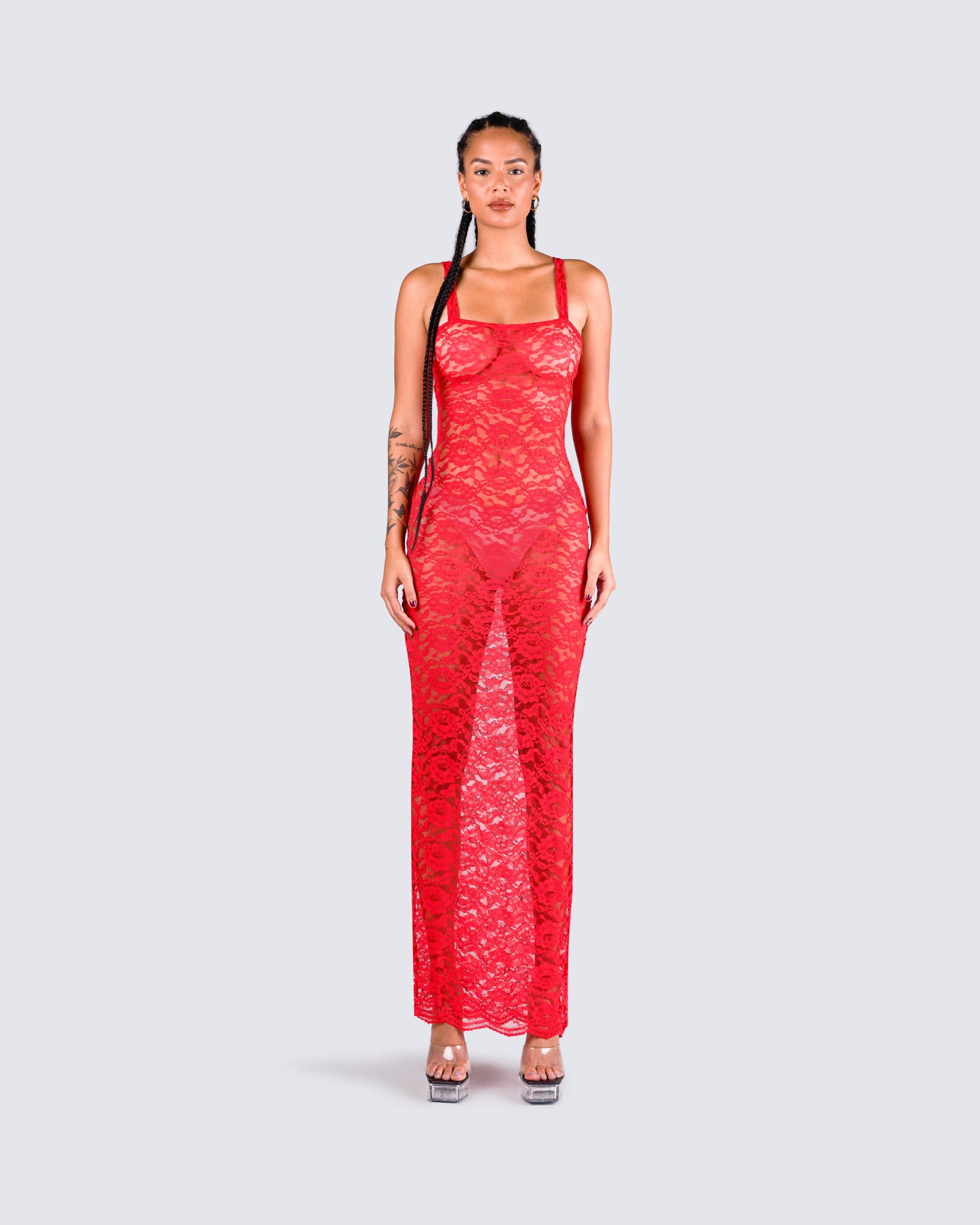 Arlo Red Lace Strappy Maxi Dress model front