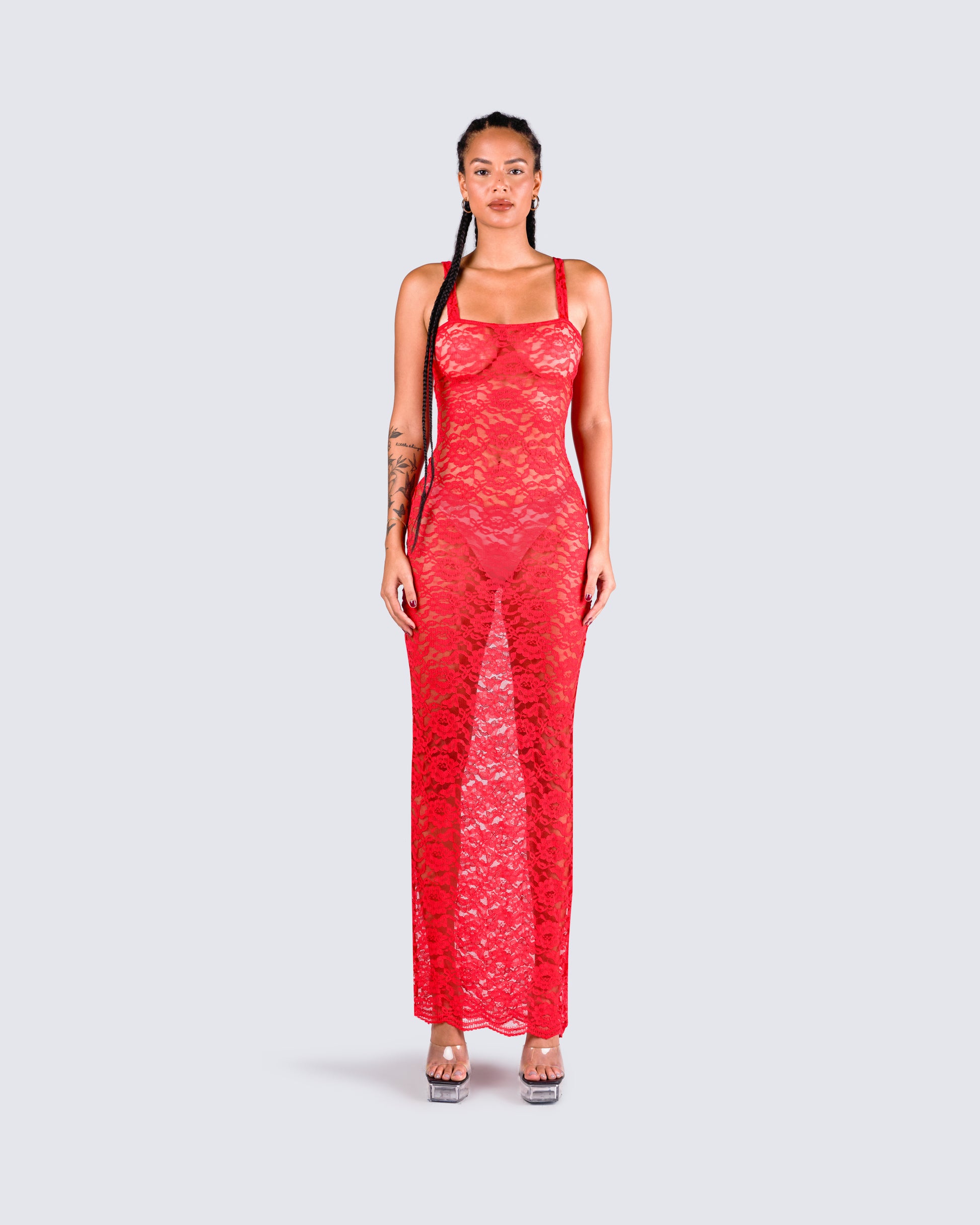 Arlo Red Lace Strappy Maxi Dress model front