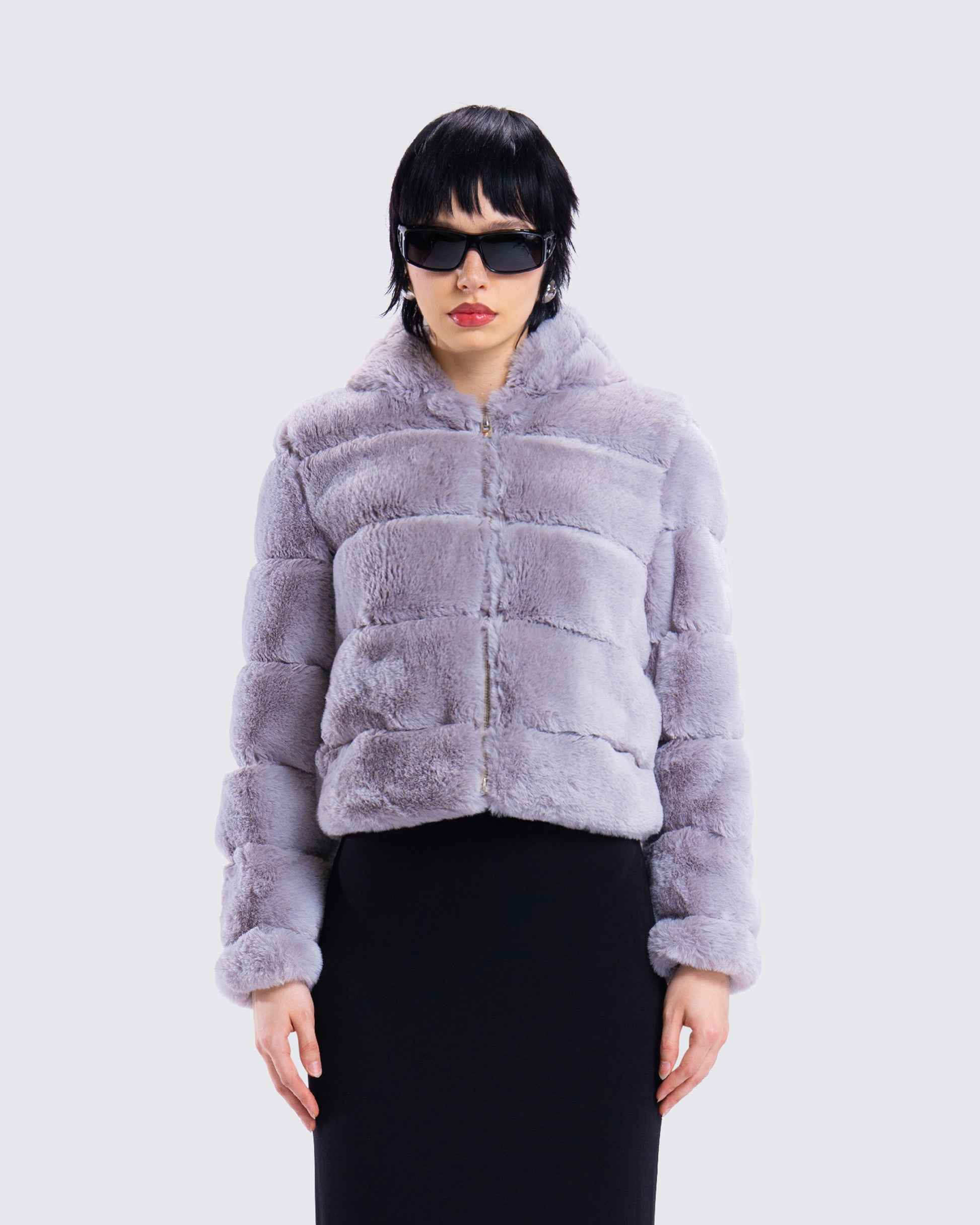 Aspen Grey Faux Fur Hooded Jacket model front