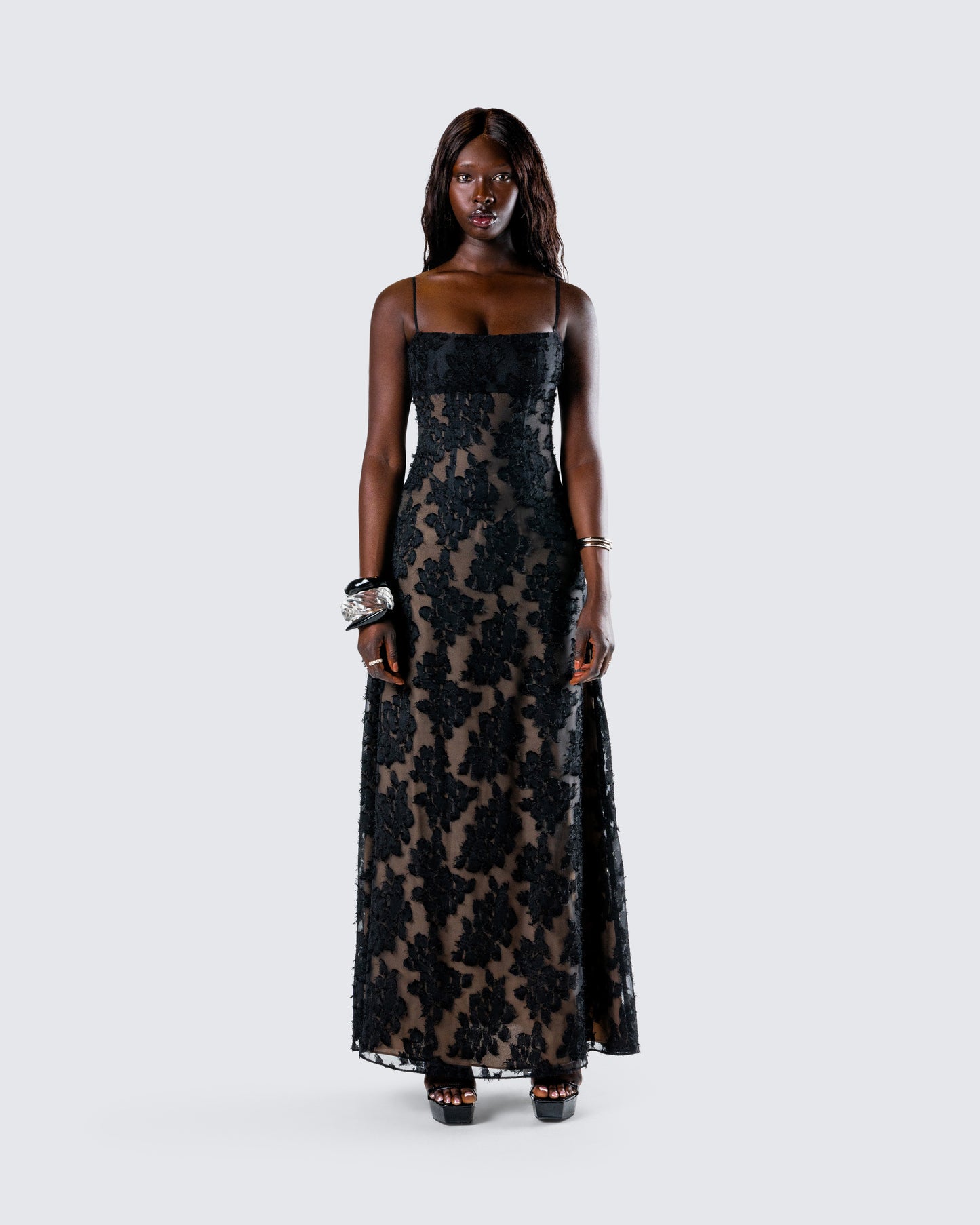 Audrina Black Burnout Maxi Dress model front