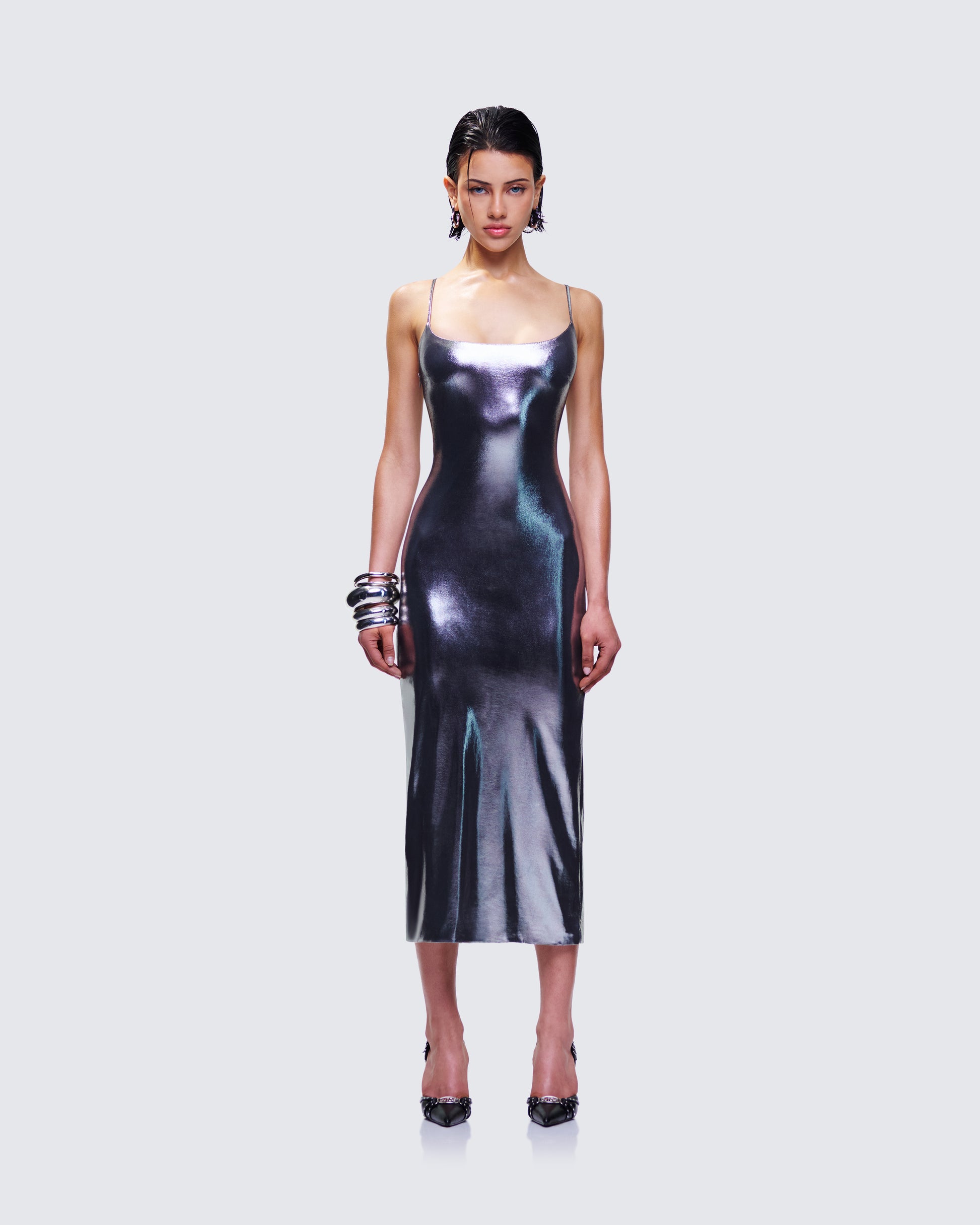Aurra Metallic Gunmetal Midi Dress model front