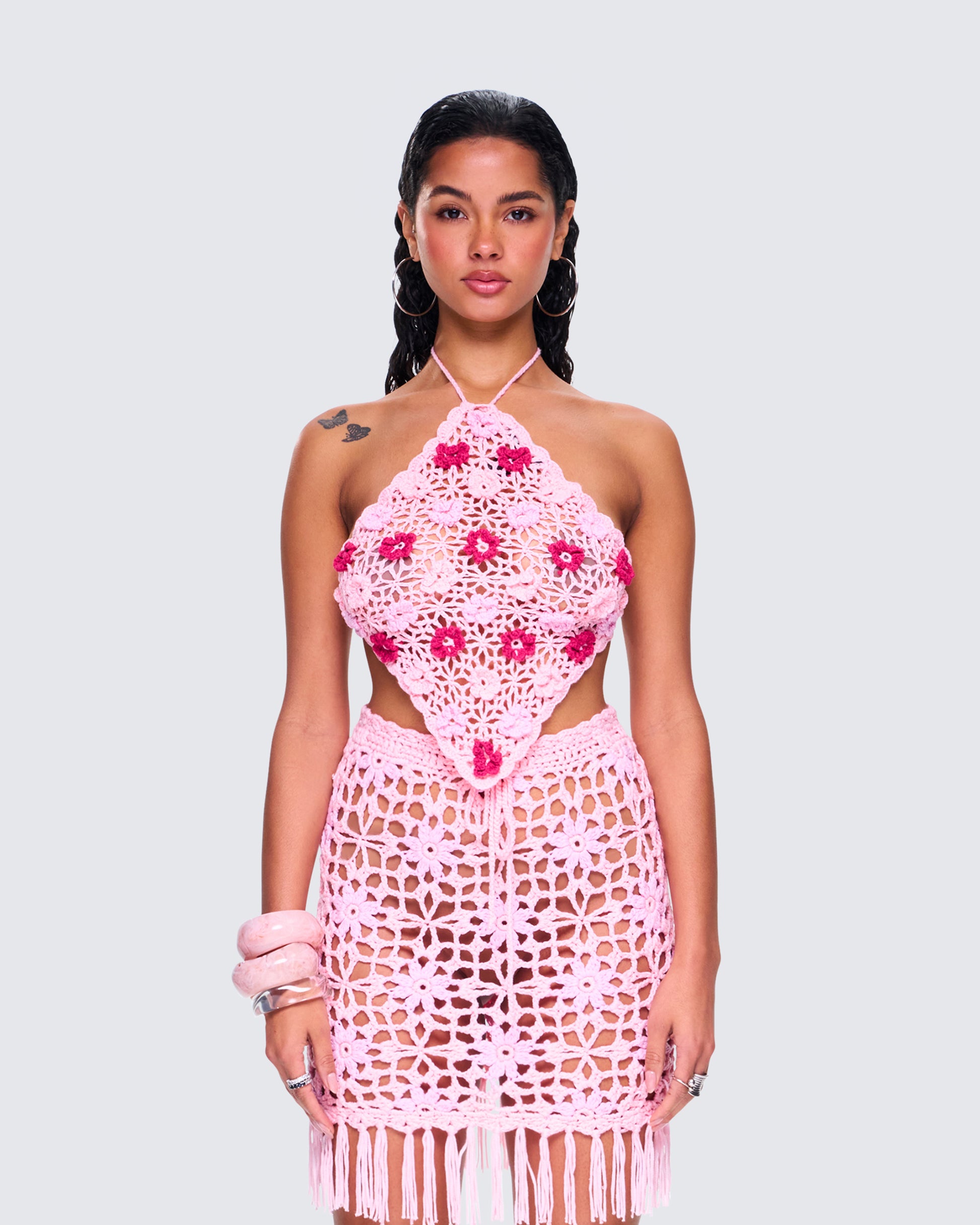 Aya Pink Floral Crochet Halter Top model front