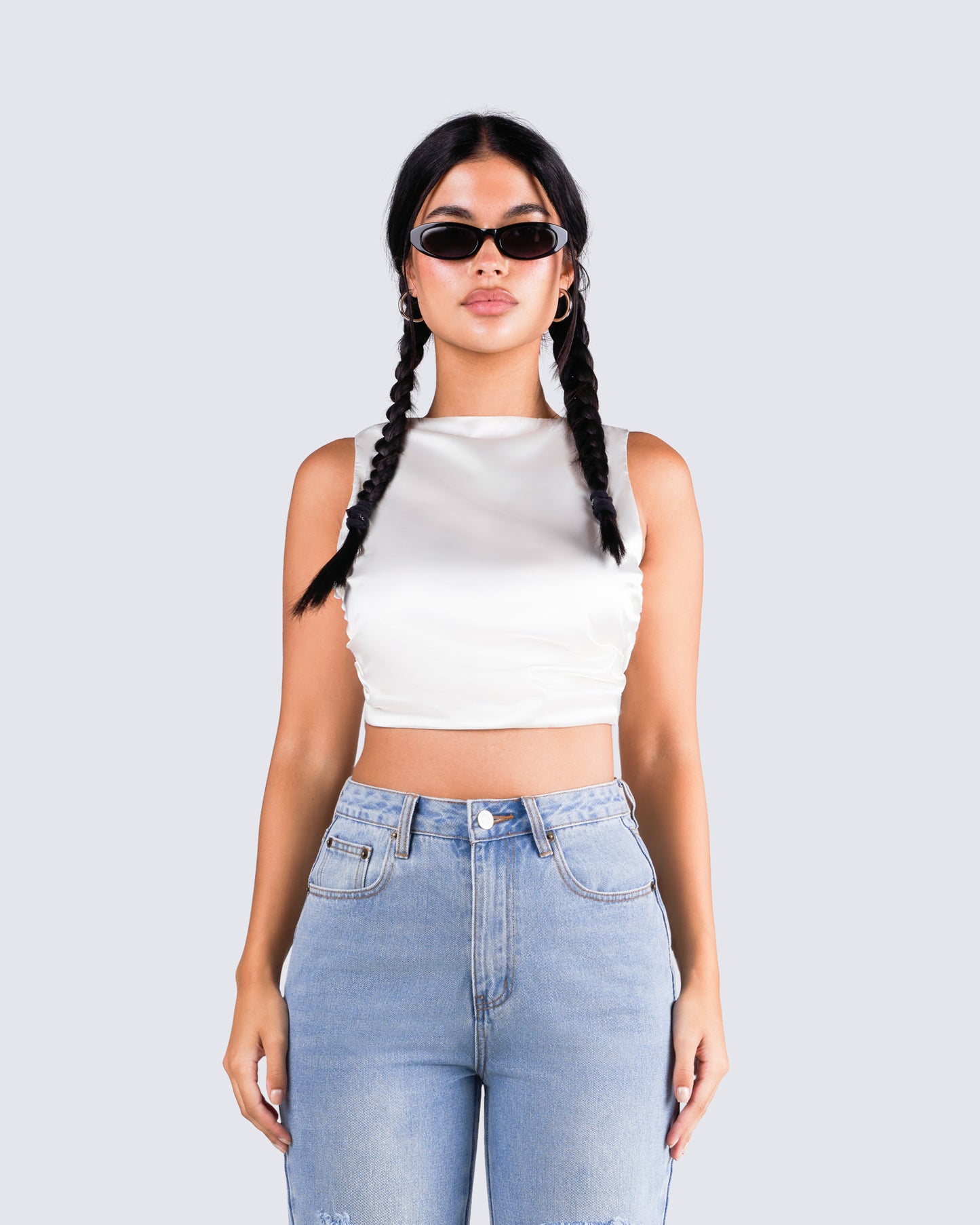 Ayanna White Satin Backless Top model front
