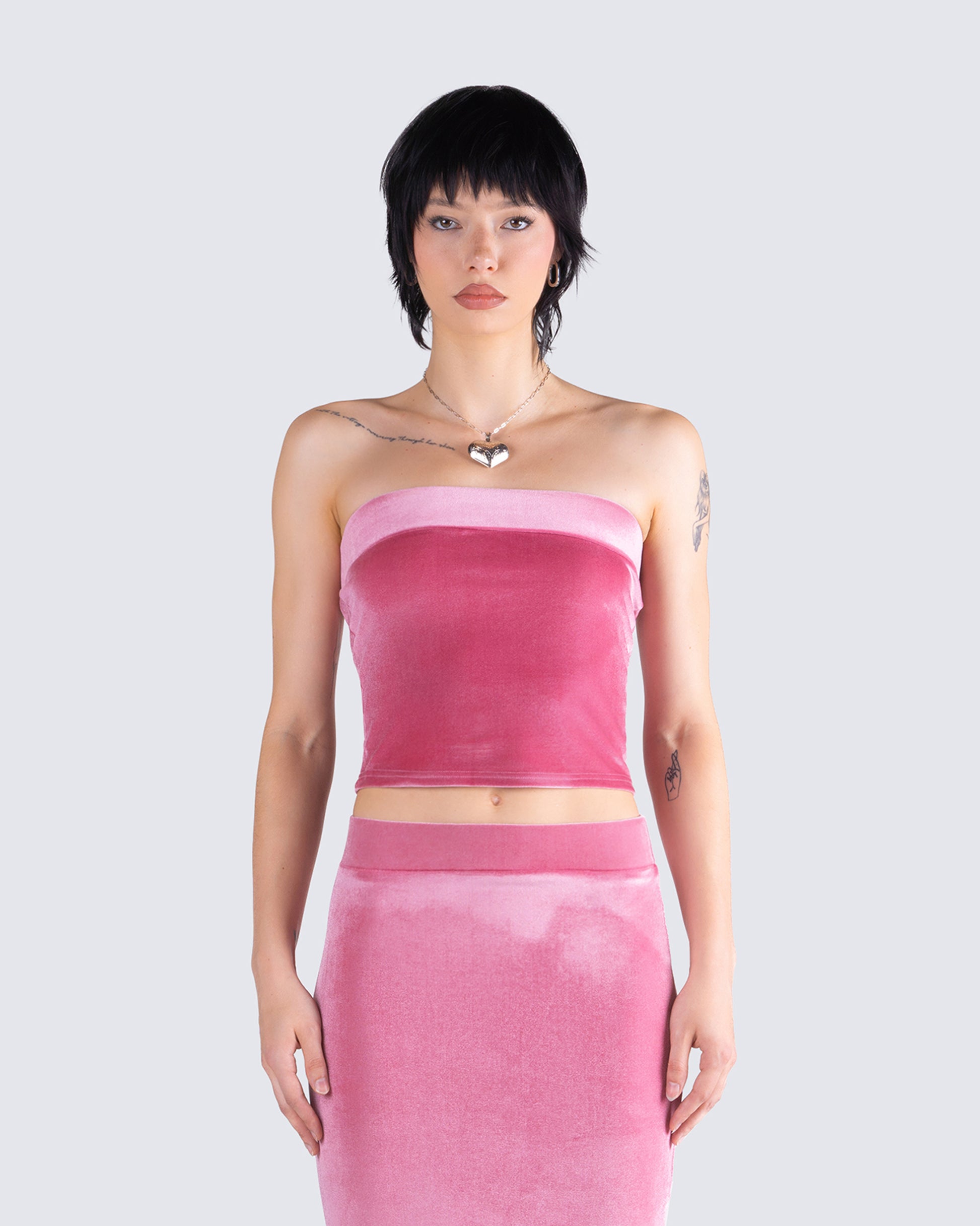 Ayla Pink Velvet Tube Top model front