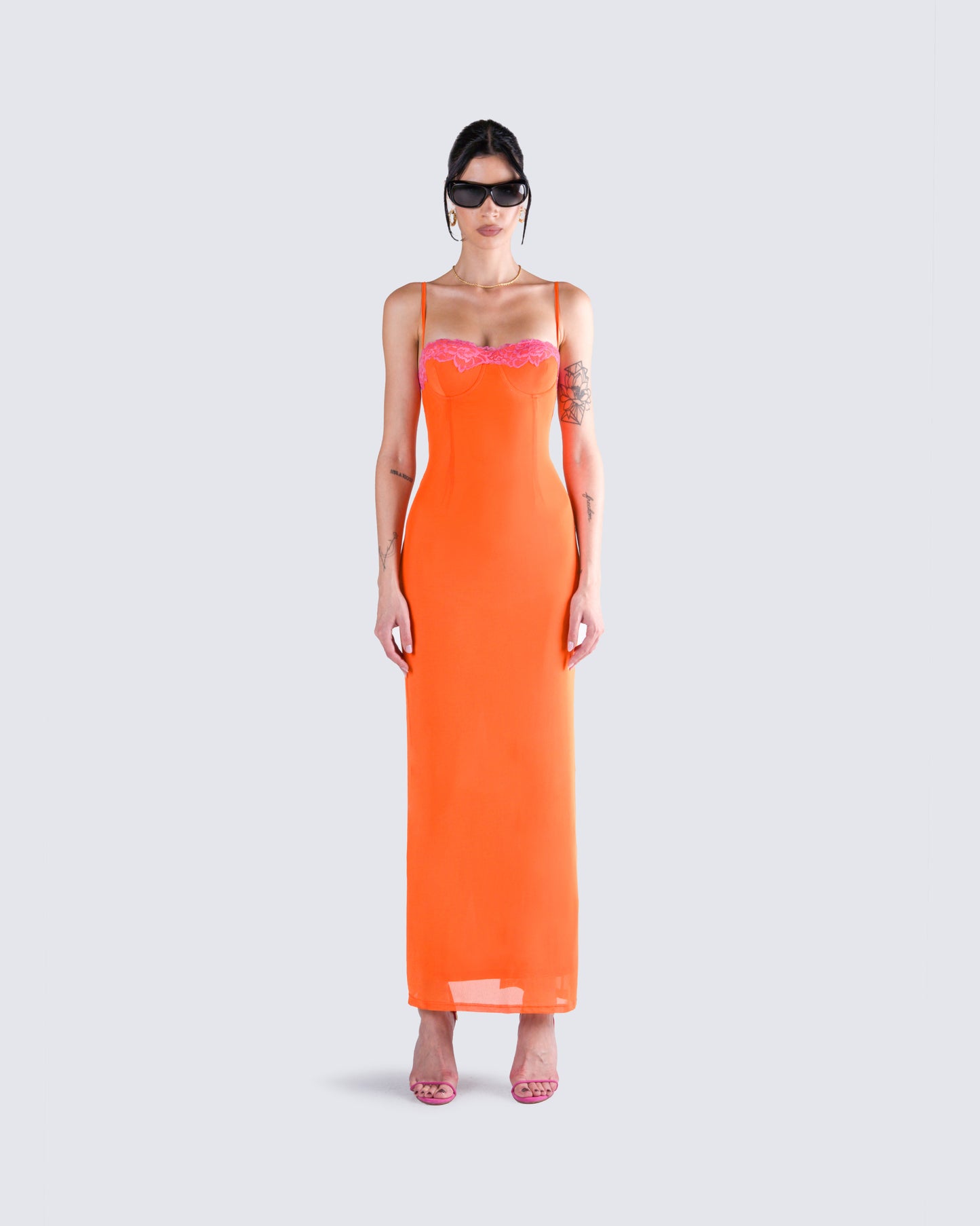 Ayesha Orange Mesh Maxi Dress model front