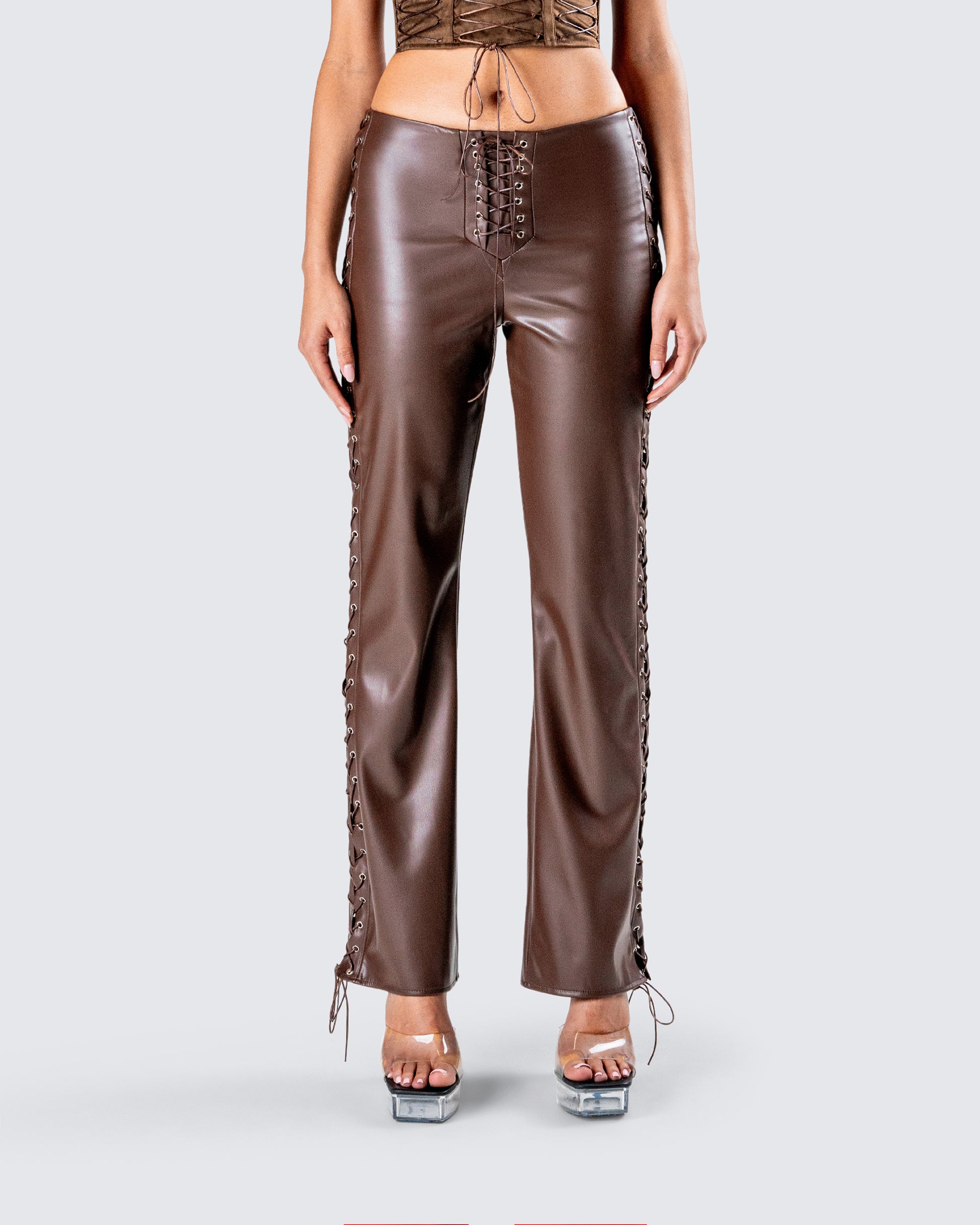 Bette Brown Lace Up Pants model front
