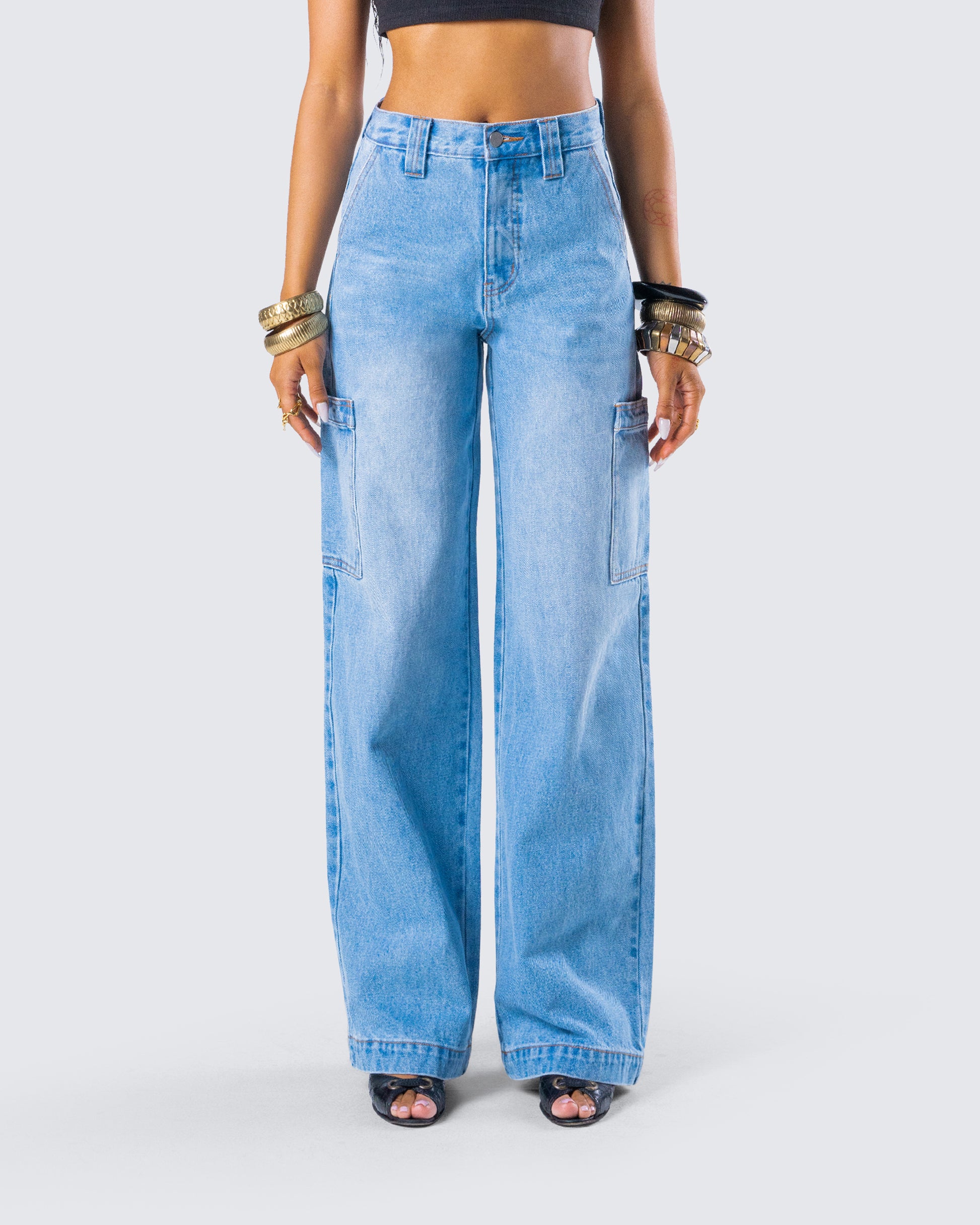 Blossom Blue Cargo Denim Pant model front