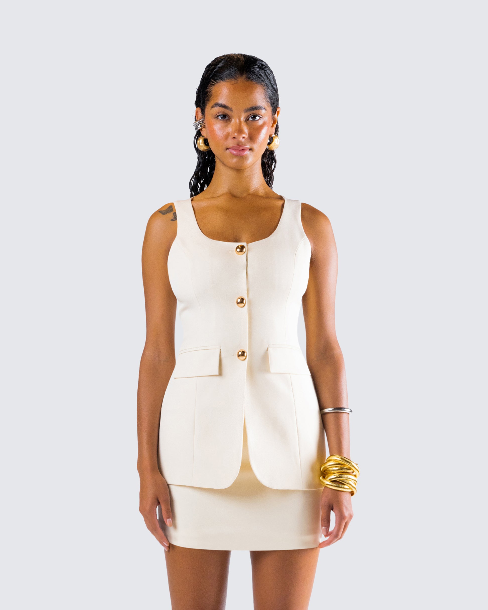 Branca Ivory Scoop Neck Vest model front
