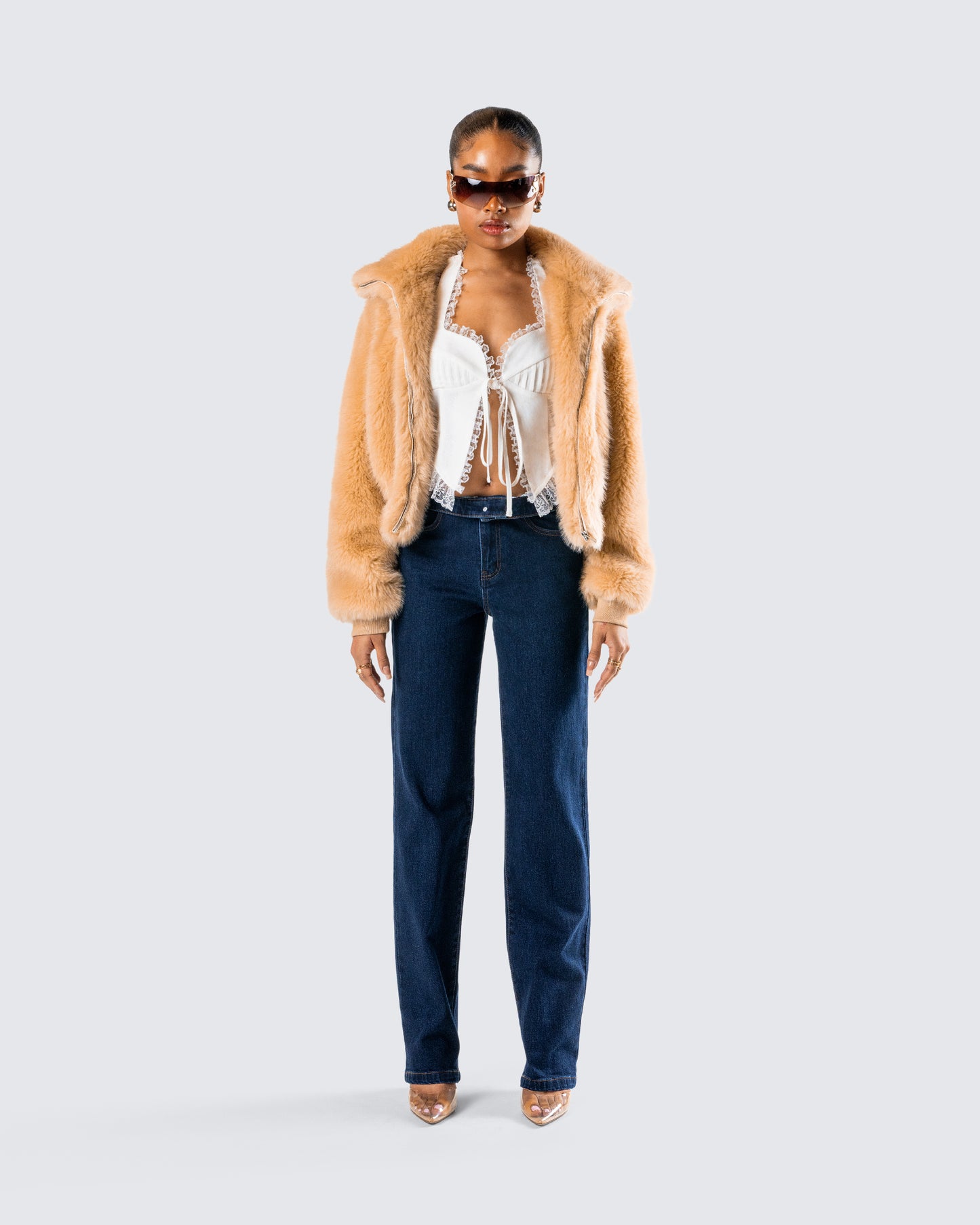 Briar Tan Faux Fur Bomber Jacket 
model front