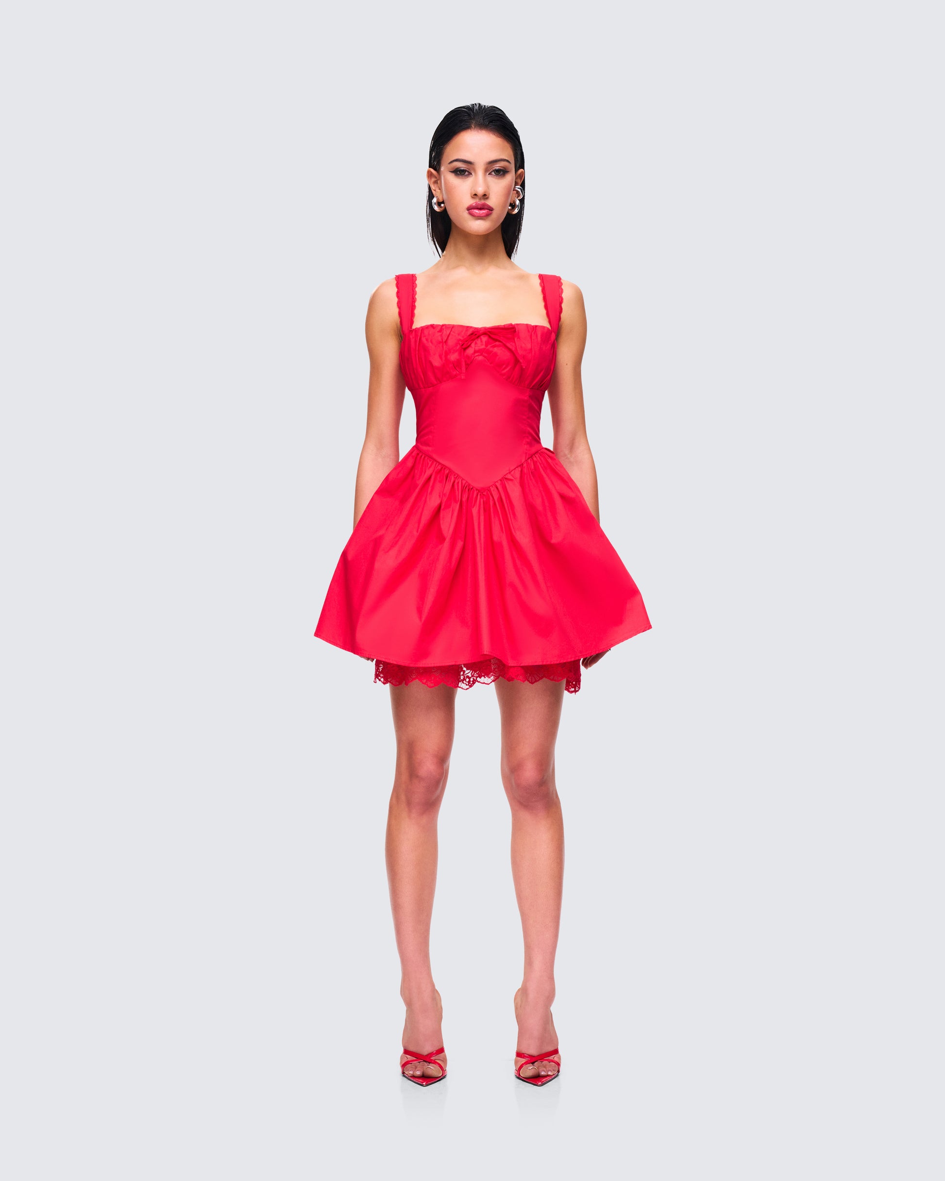 Brit Red Poplin Mini Dress model front