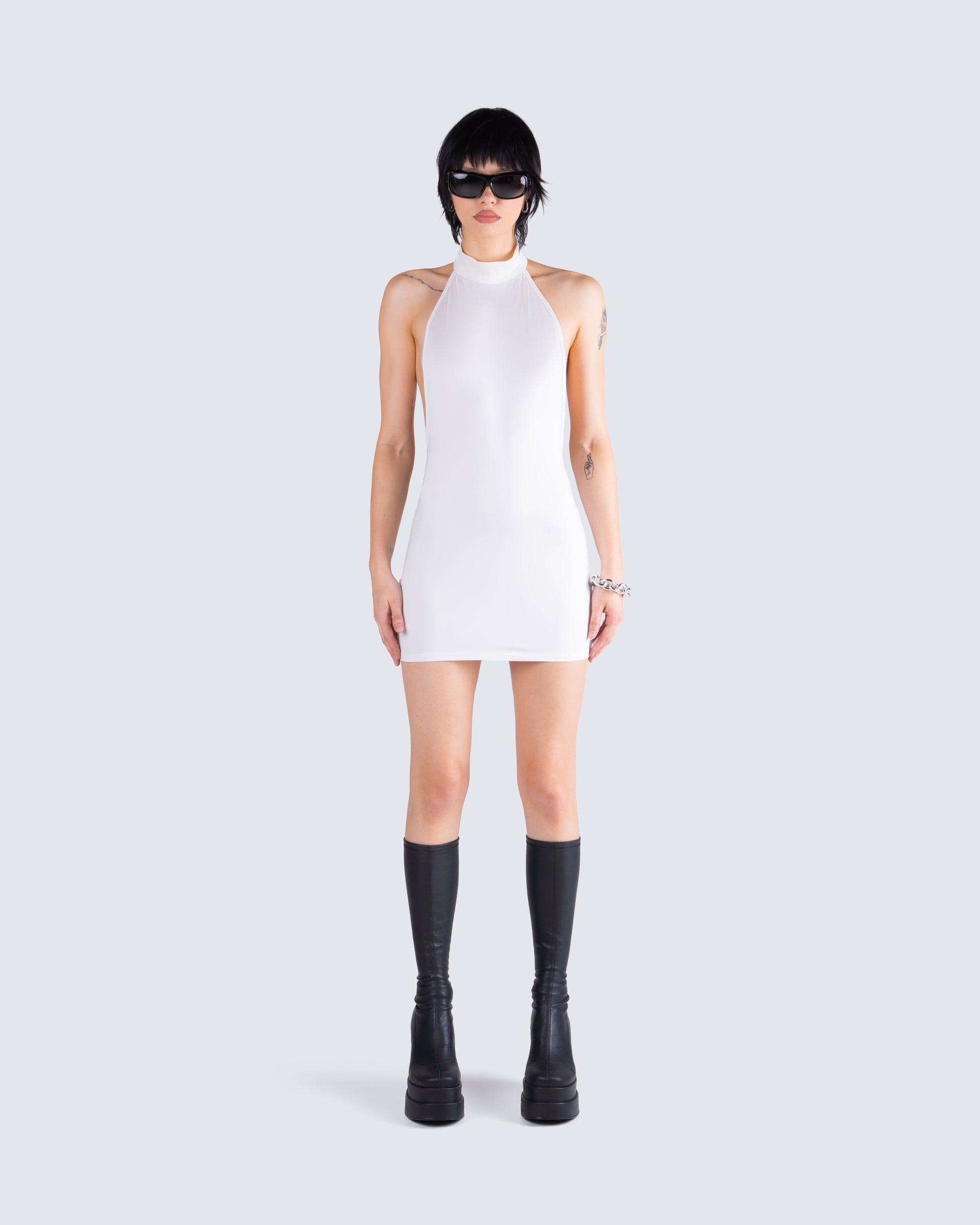Brittany White Halter Mini Dress model front
