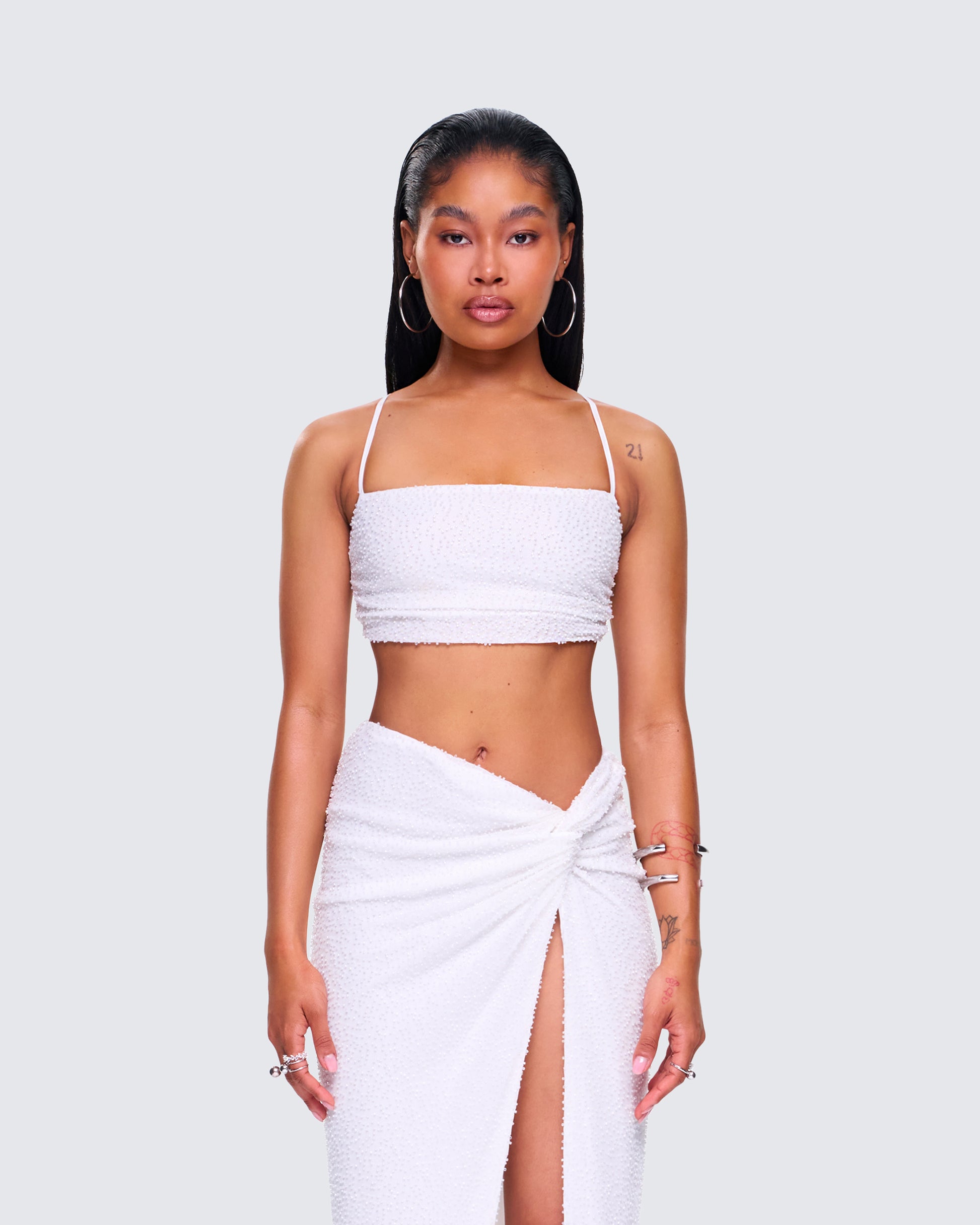 Carly White Beaded Bandeau Top model front