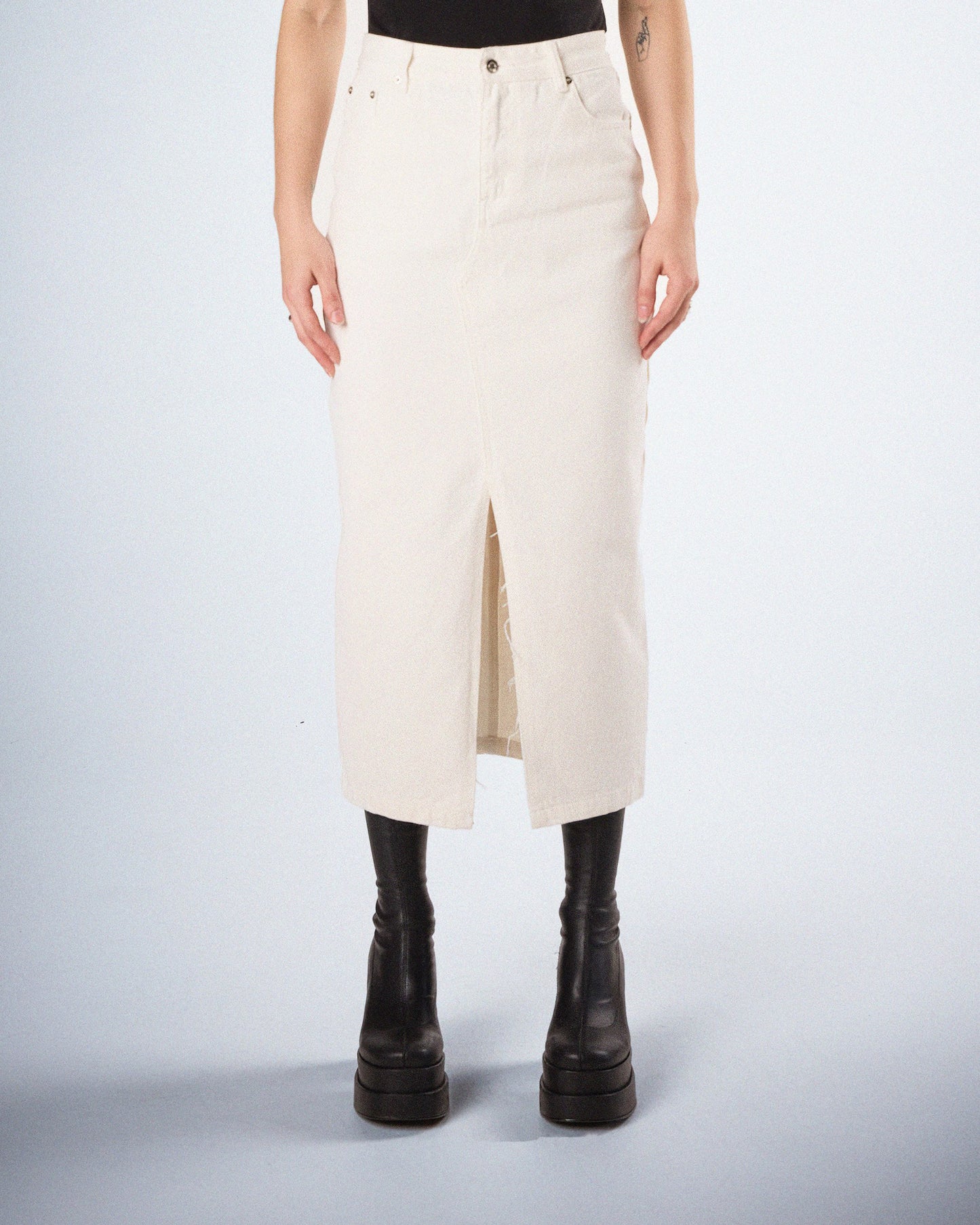 Chell White Denim Maxi Skirt model front