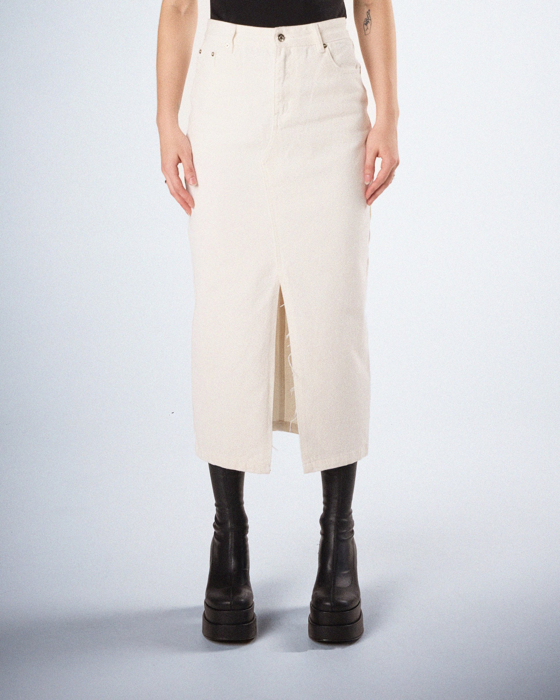 Chell White Denim Maxi Skirt model front