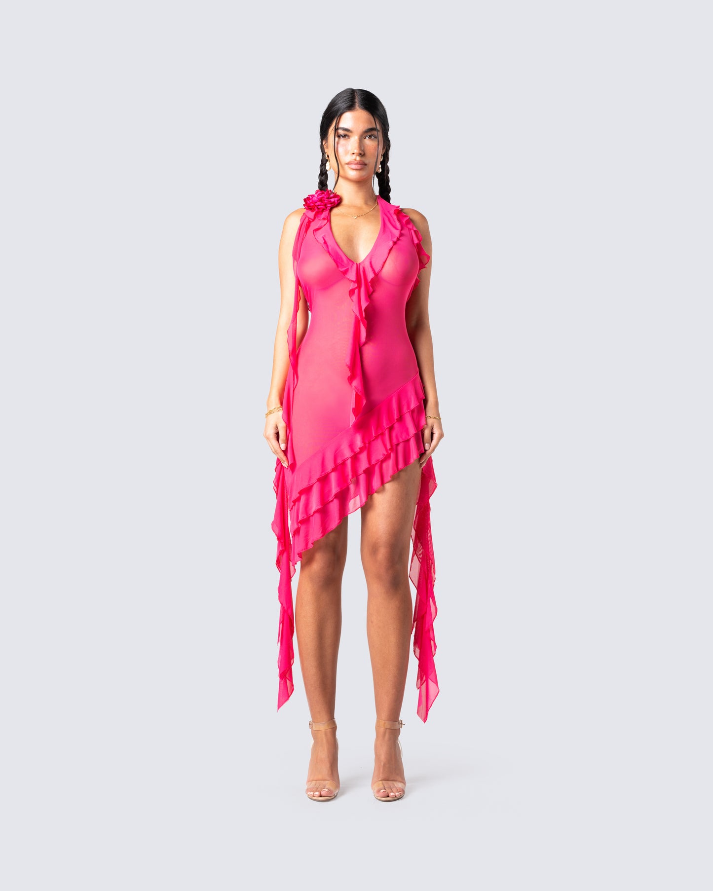 Christine Pink Ruffled Mini Dress model front