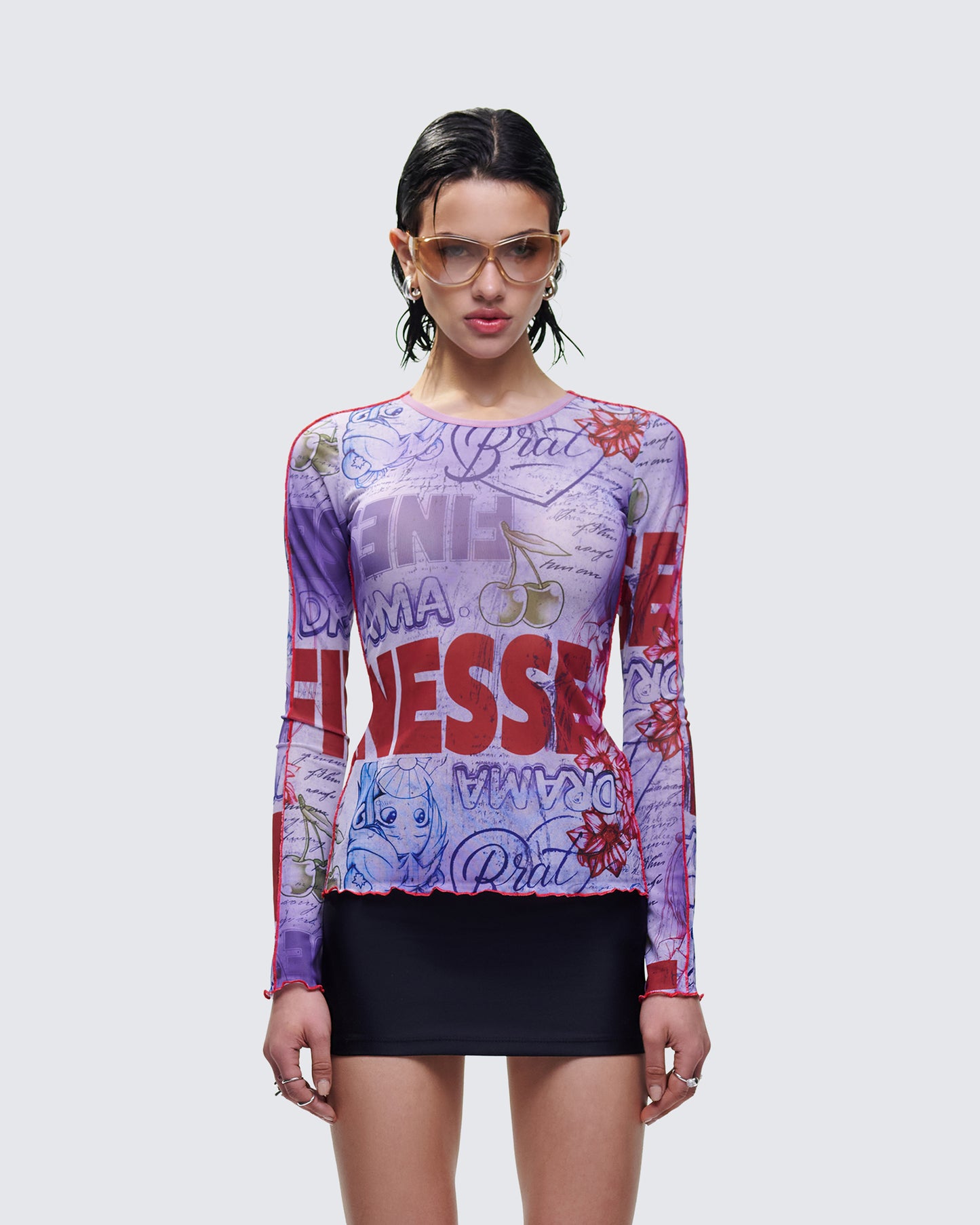 Cleodora Purple Printed Mesh Top model front