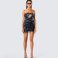 Clover Hand Beaded Rhinestone Black Mini Dress model front