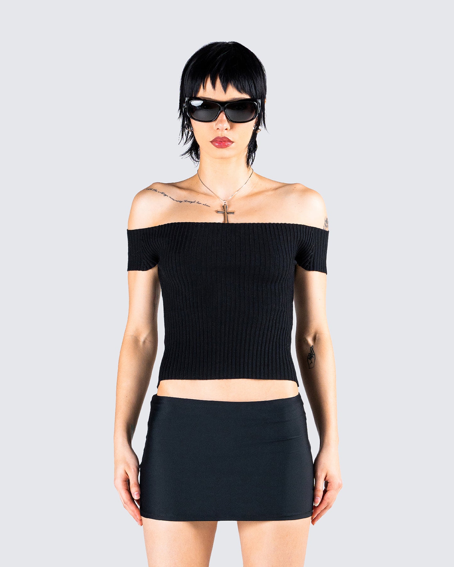 Crissle Black Rib Off Shoulder Top model front