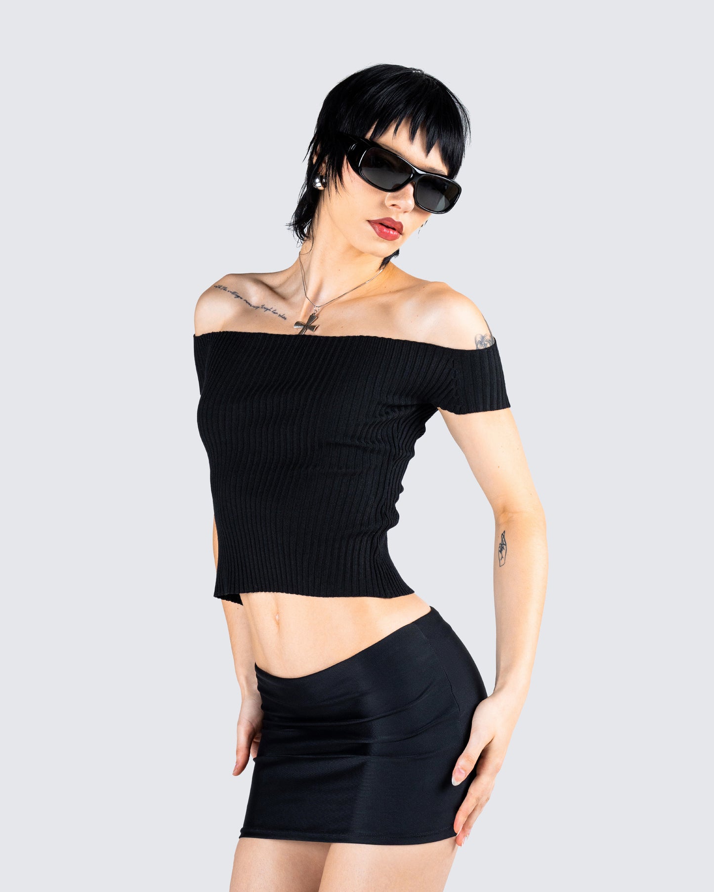 Crissle Black Rib Off Shoulder Top