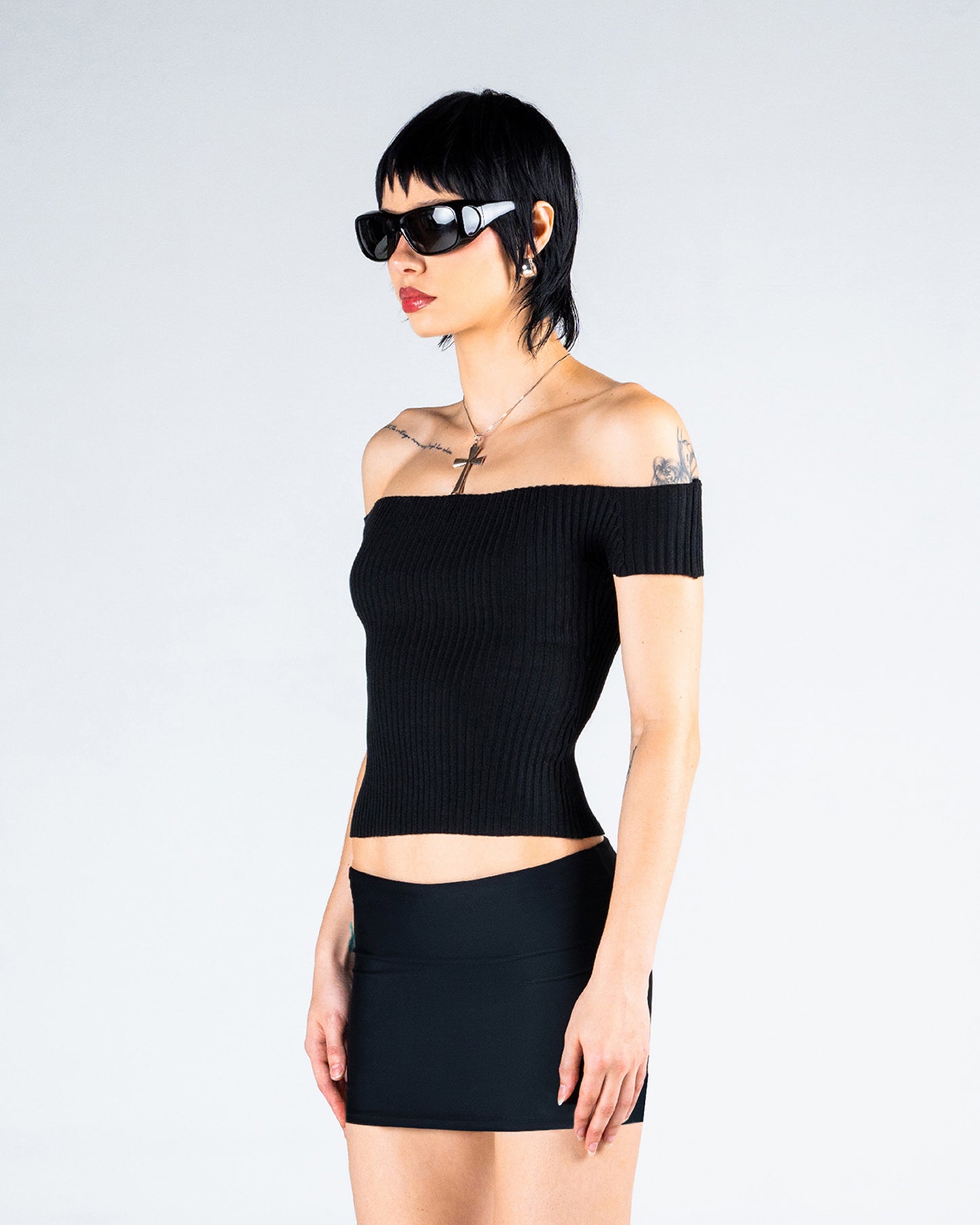 Crissle Black Rib Off Shoulder Top