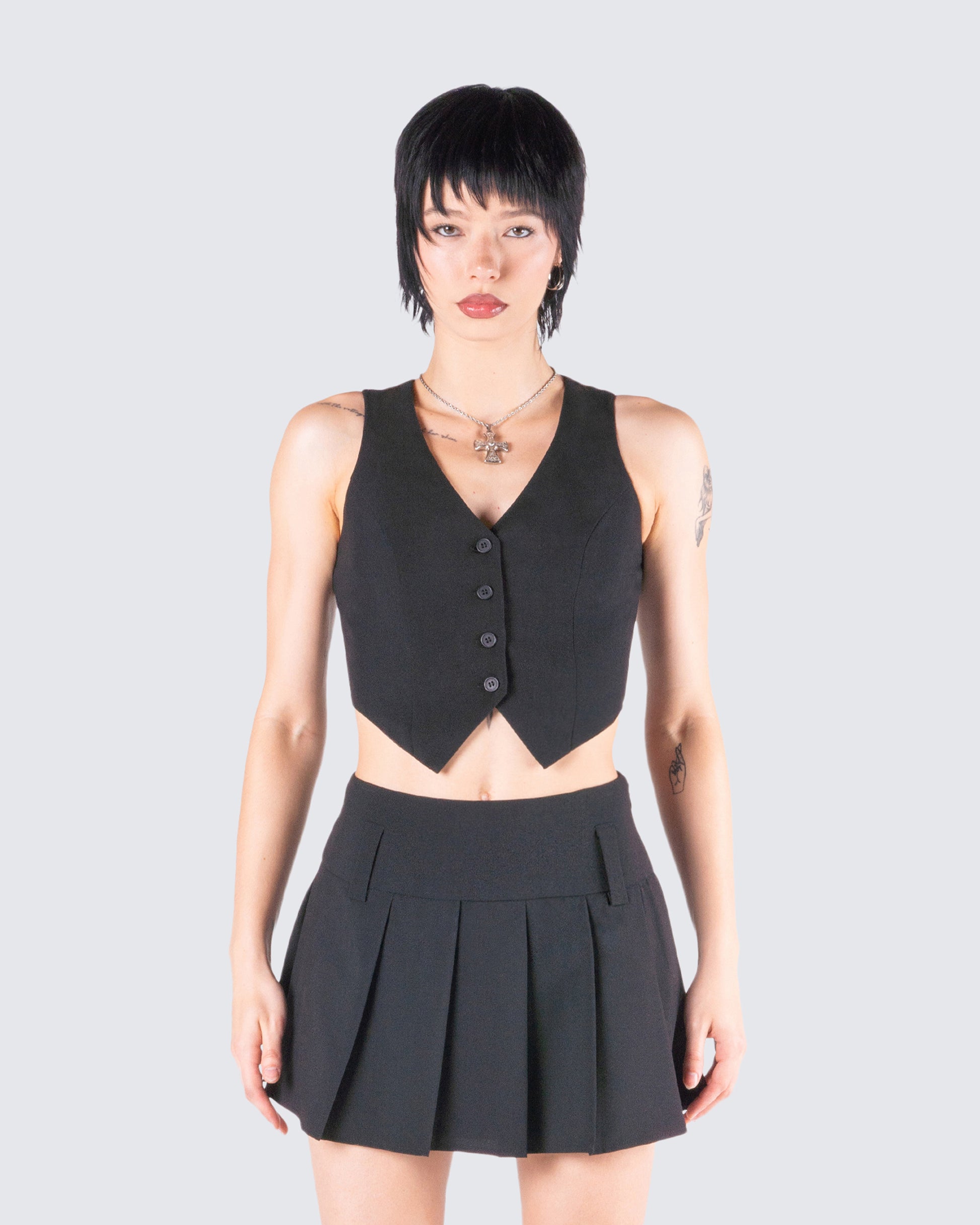 Deb Black Suiting Crop Vest Top model front