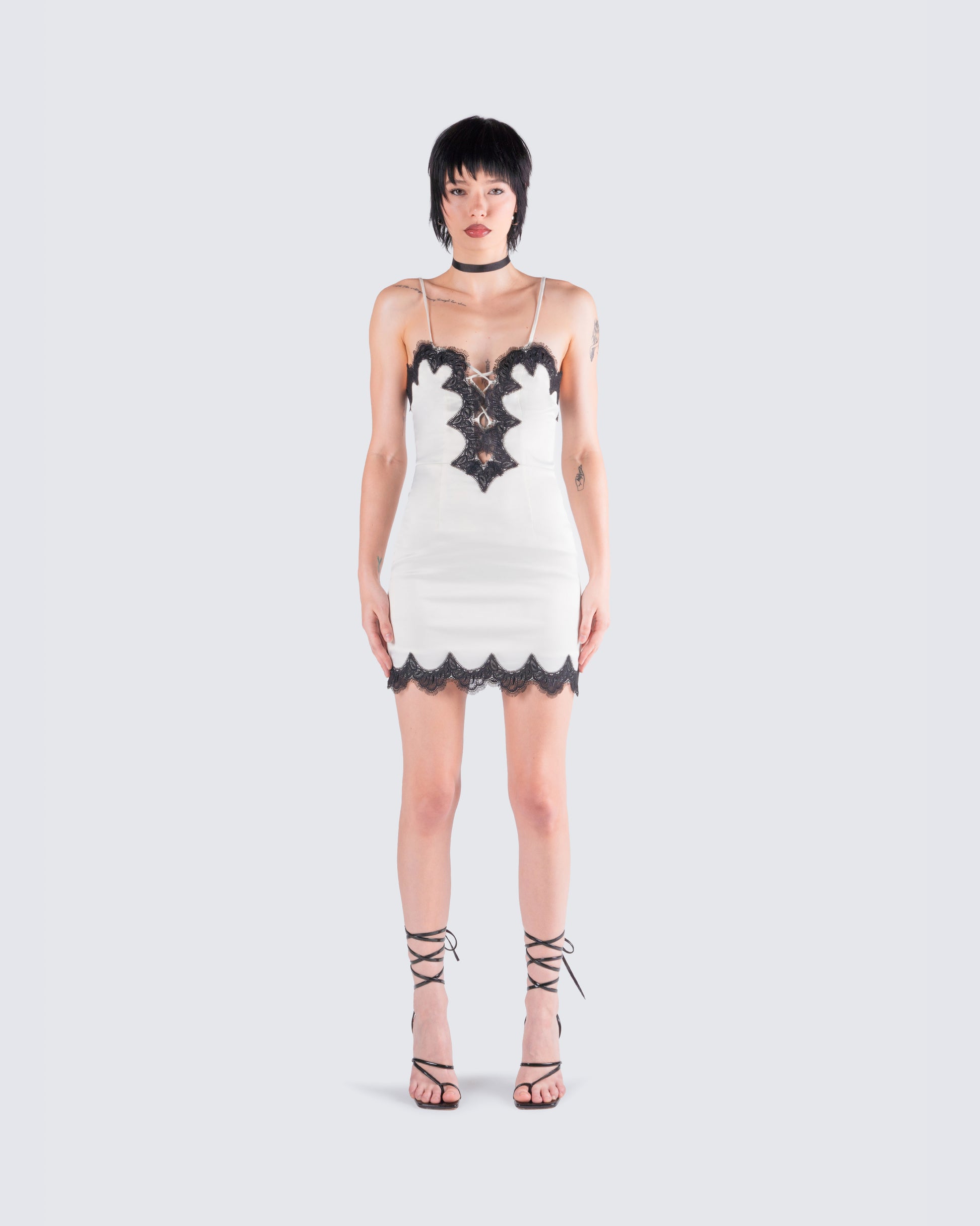 Debbie Ivory Satin Mini Dress model front