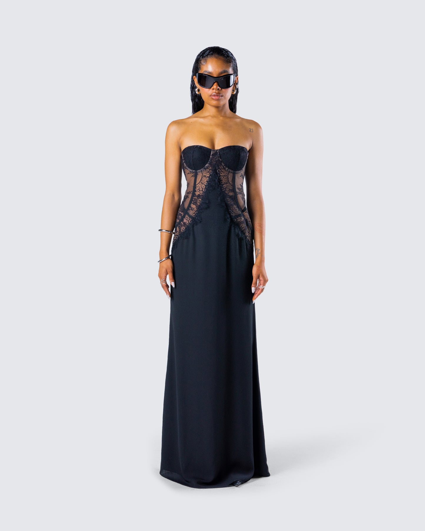 Debra Black Lace Panel Maxi Dress model front