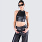 Declan Black Vegan Leather Top model front