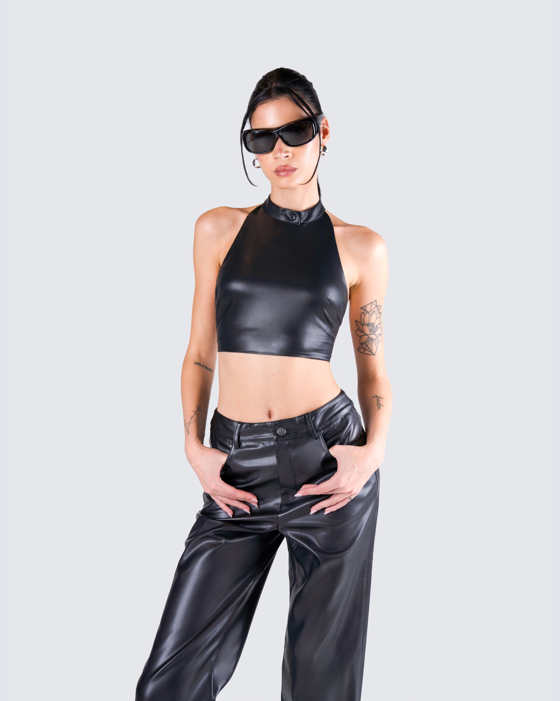Declan Black Vegan Leather Top model front