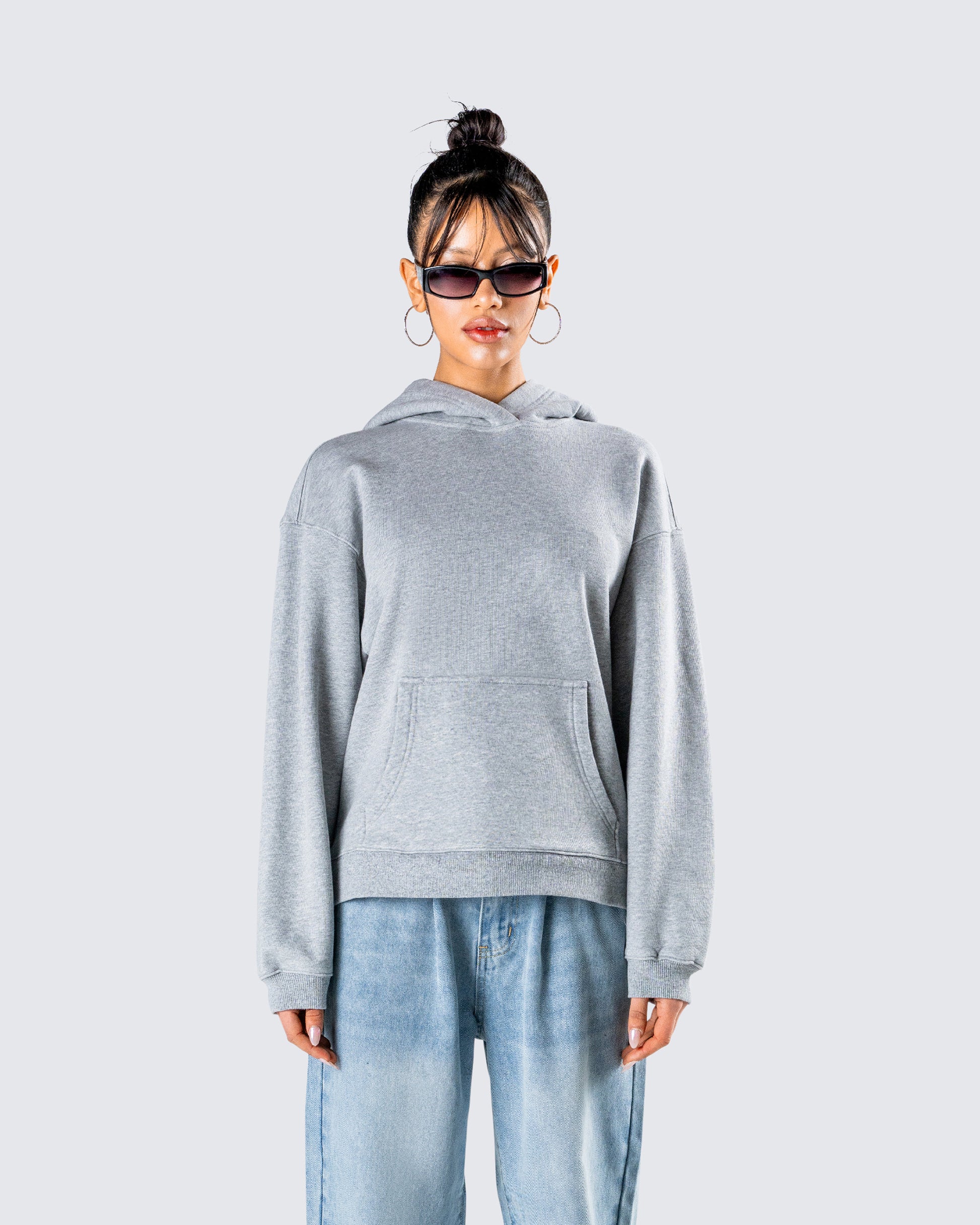 Delanie Grey Heather Fleece Hoodie model front