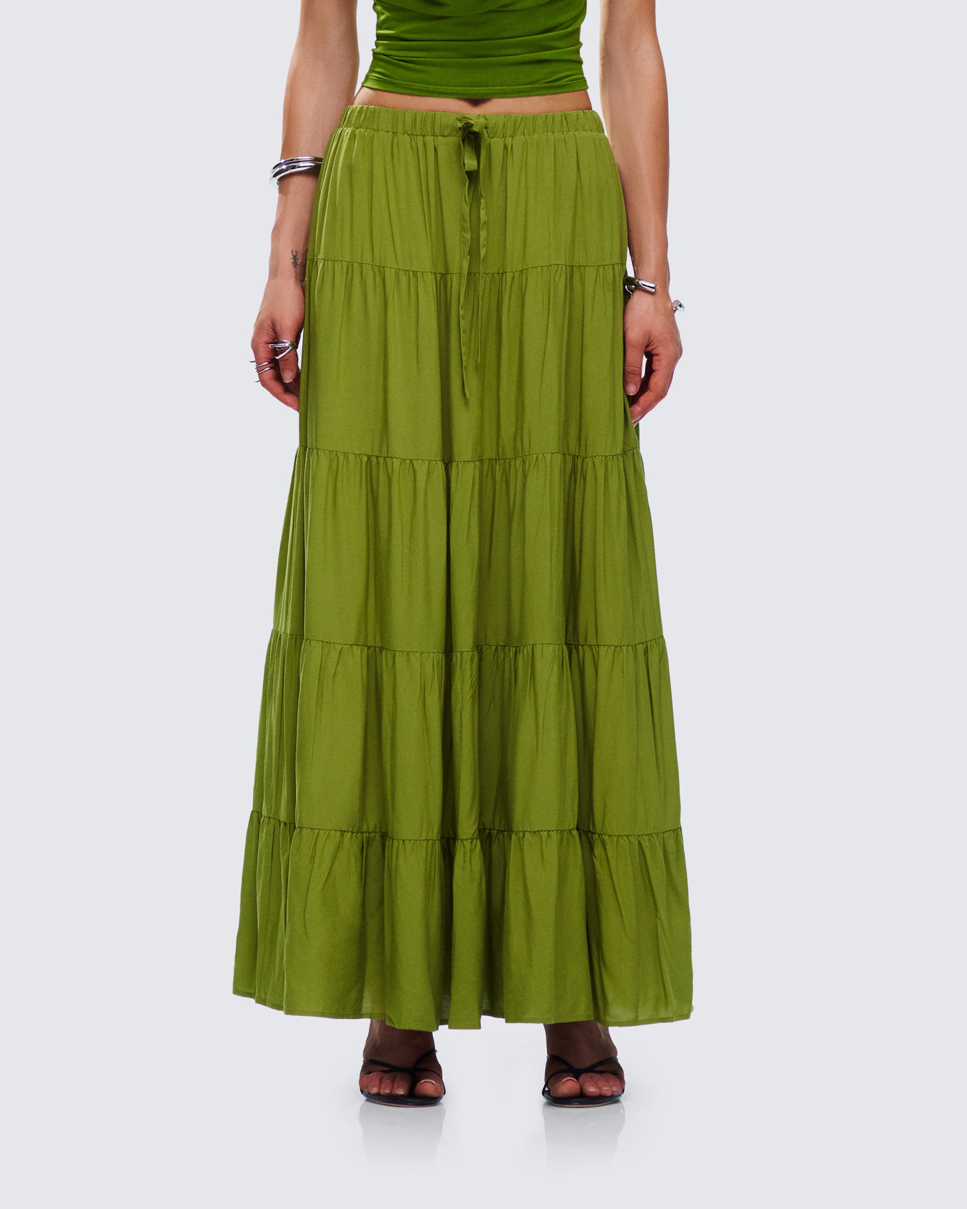 Didi Green Tiered Maxi Skirt model front
