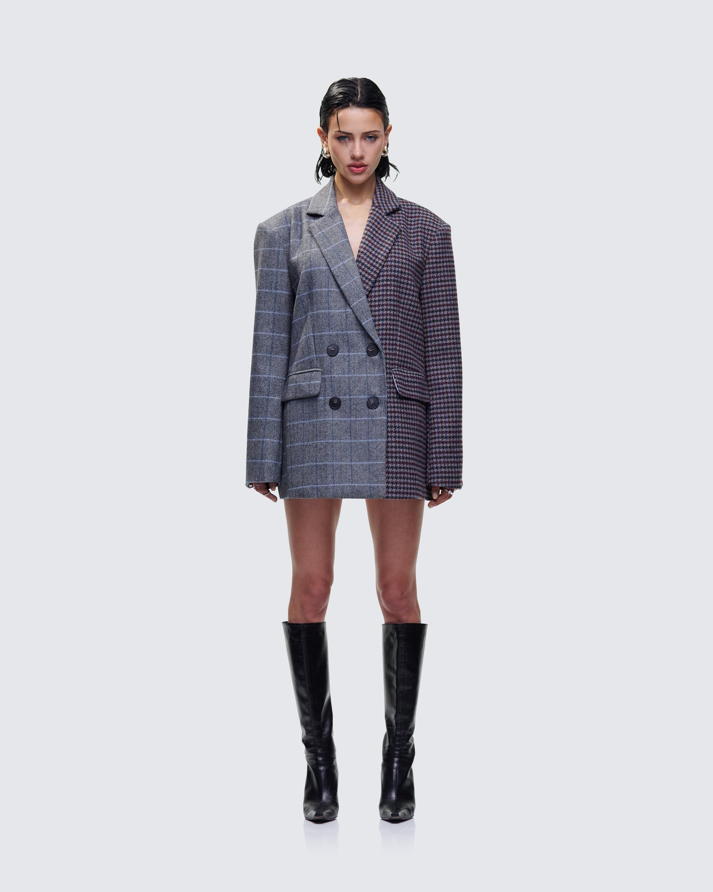 Dionne Grey Mixed Check Double Breasted Blazer model front