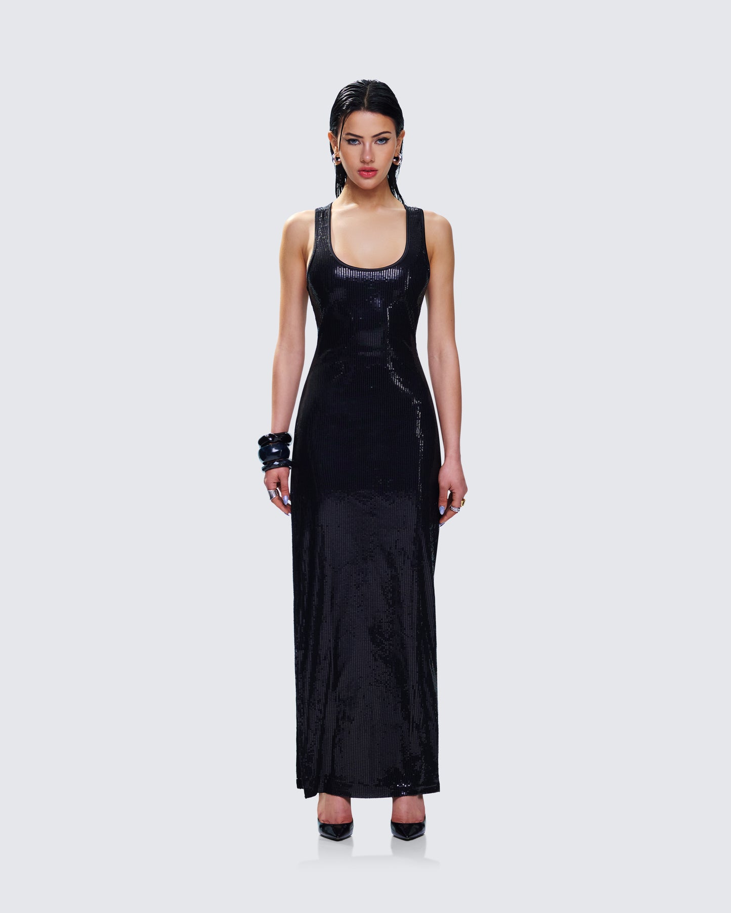 Donatella Black Sequin Maxi Dress model front