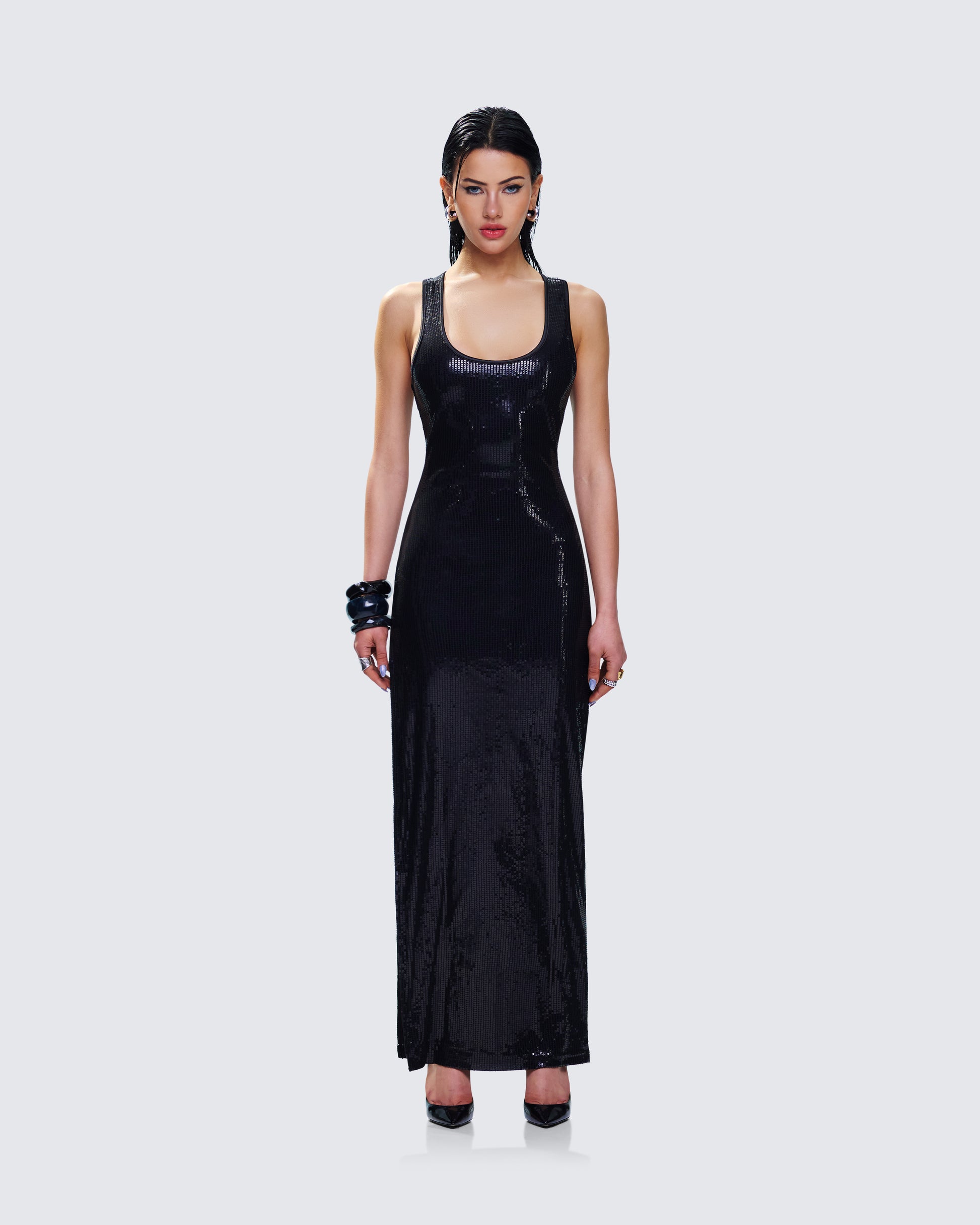 Donatella Black Sequin Maxi Dress model front