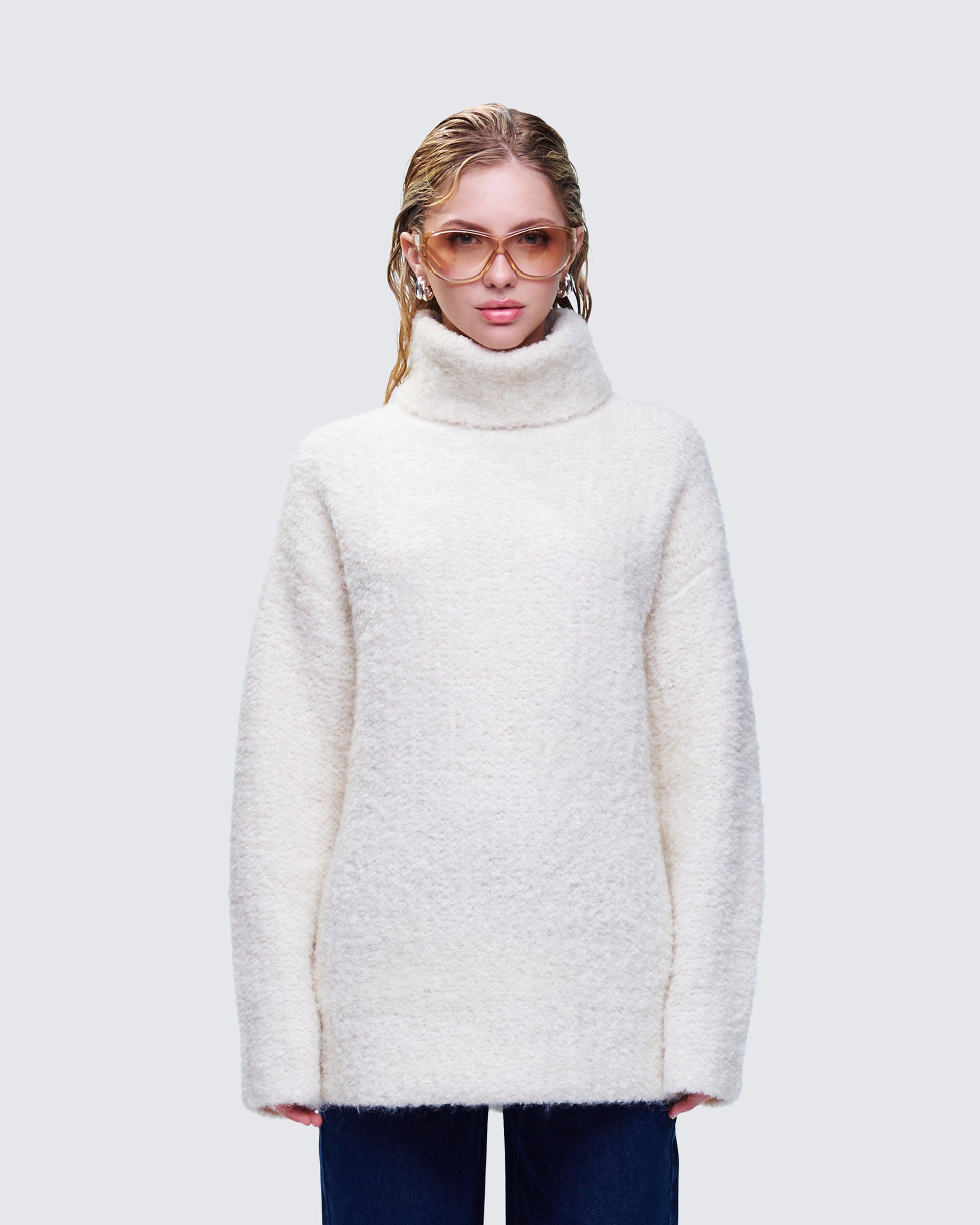 Dorinda Cream Oversized Turtleneck Sweater model front