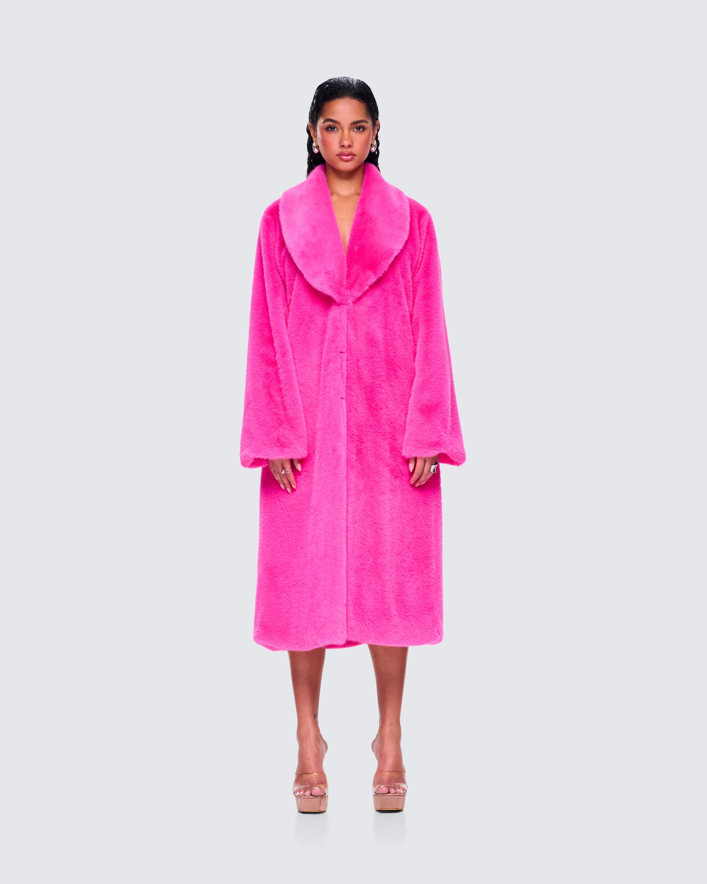 Dorinne Hot Pink Vegan Fur Coat model front