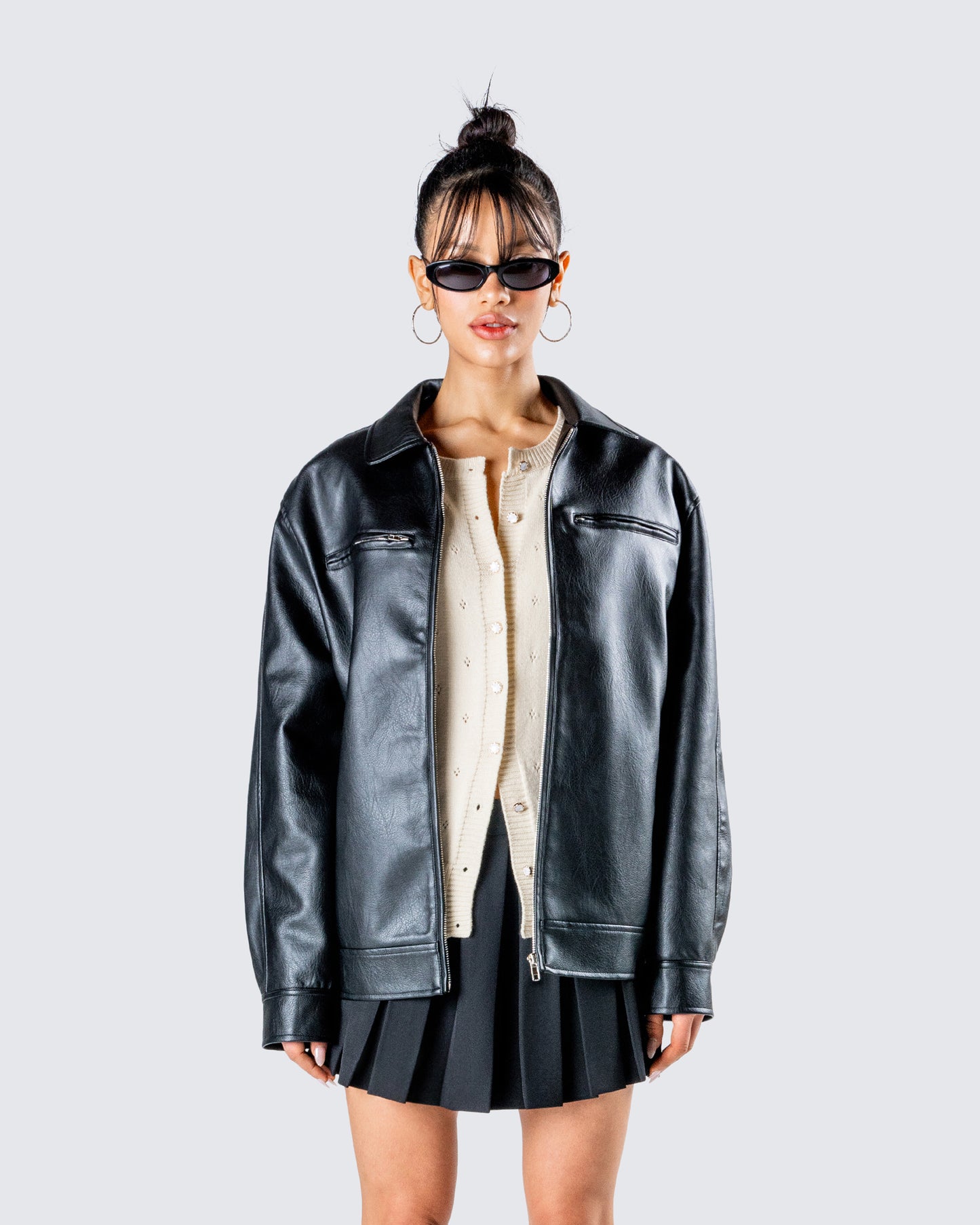 Dove Black Faux Leather Jacket model front