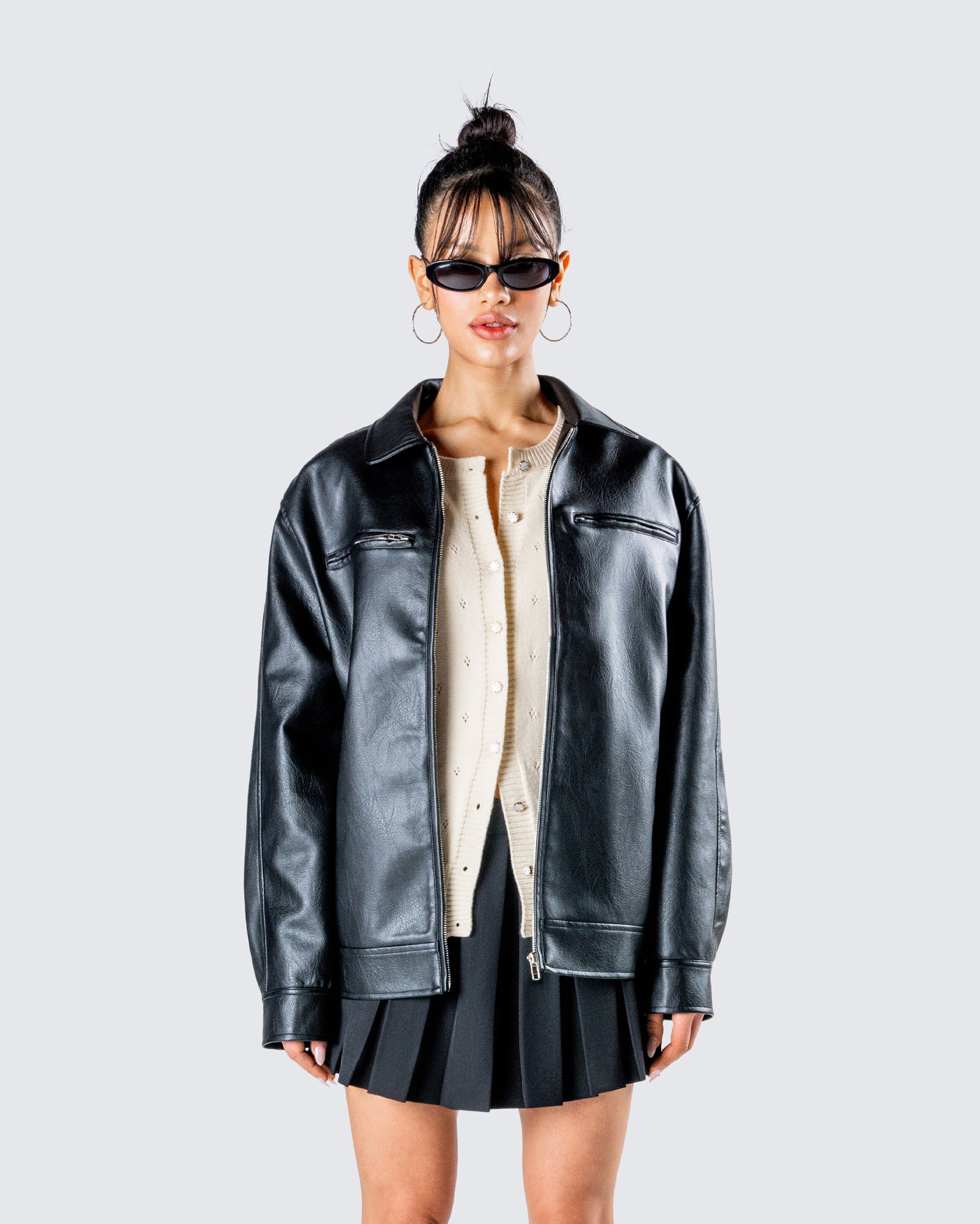 Dove Black Faux Leather Jacket model front