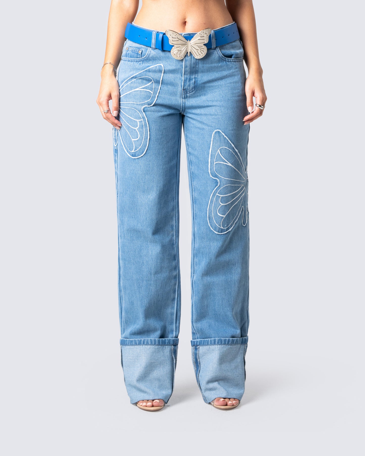 Suzie Blue Butterfly Denim Pant model front